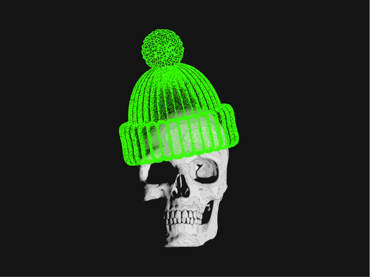 Ein Totenkopf mit einem leuchtend grünen Hut.