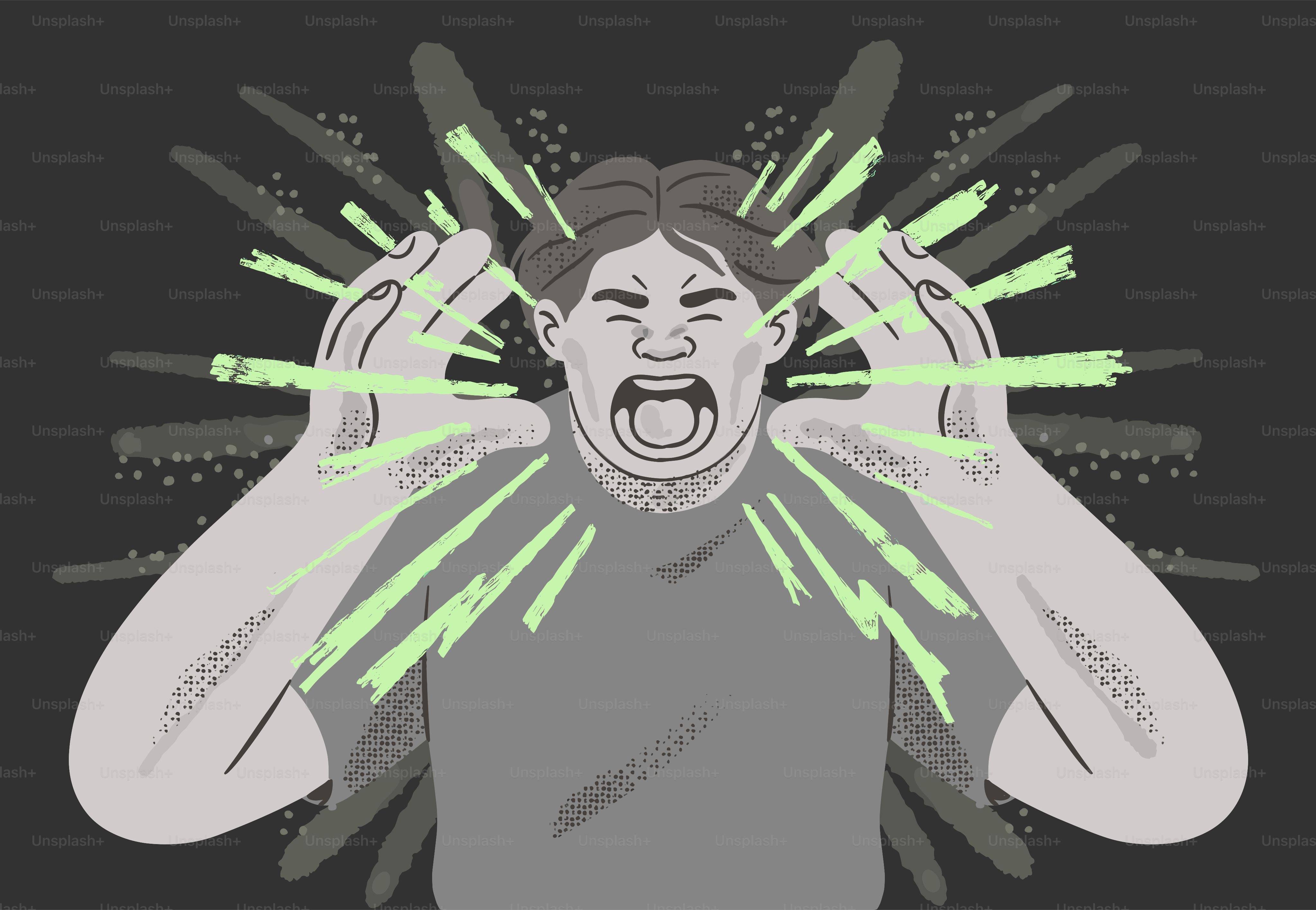 Mann schreit mit den Händen auf dem Kopf, strahlt Energie aus