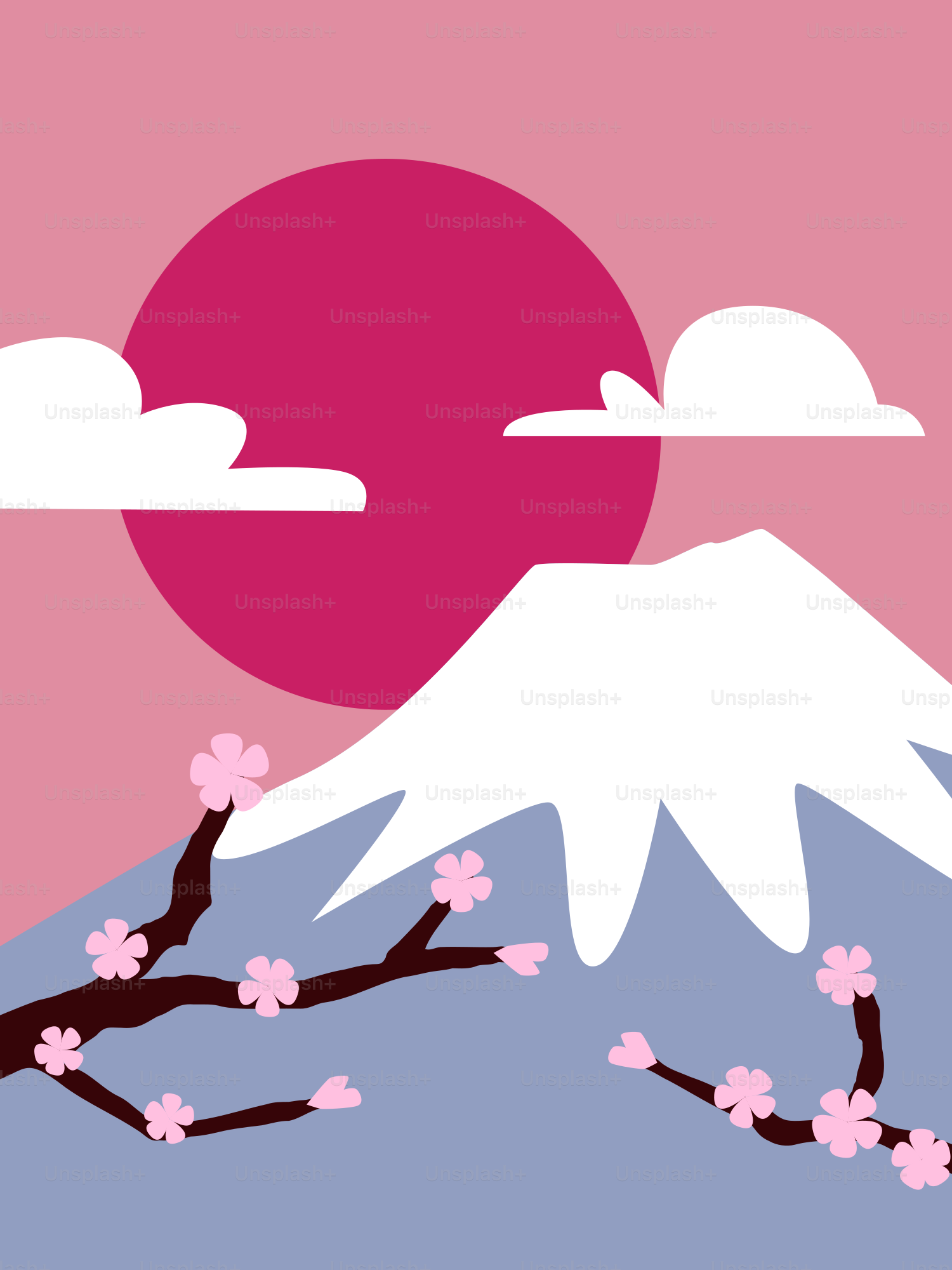 Mount fuji with cherry blossoms and a large sun.