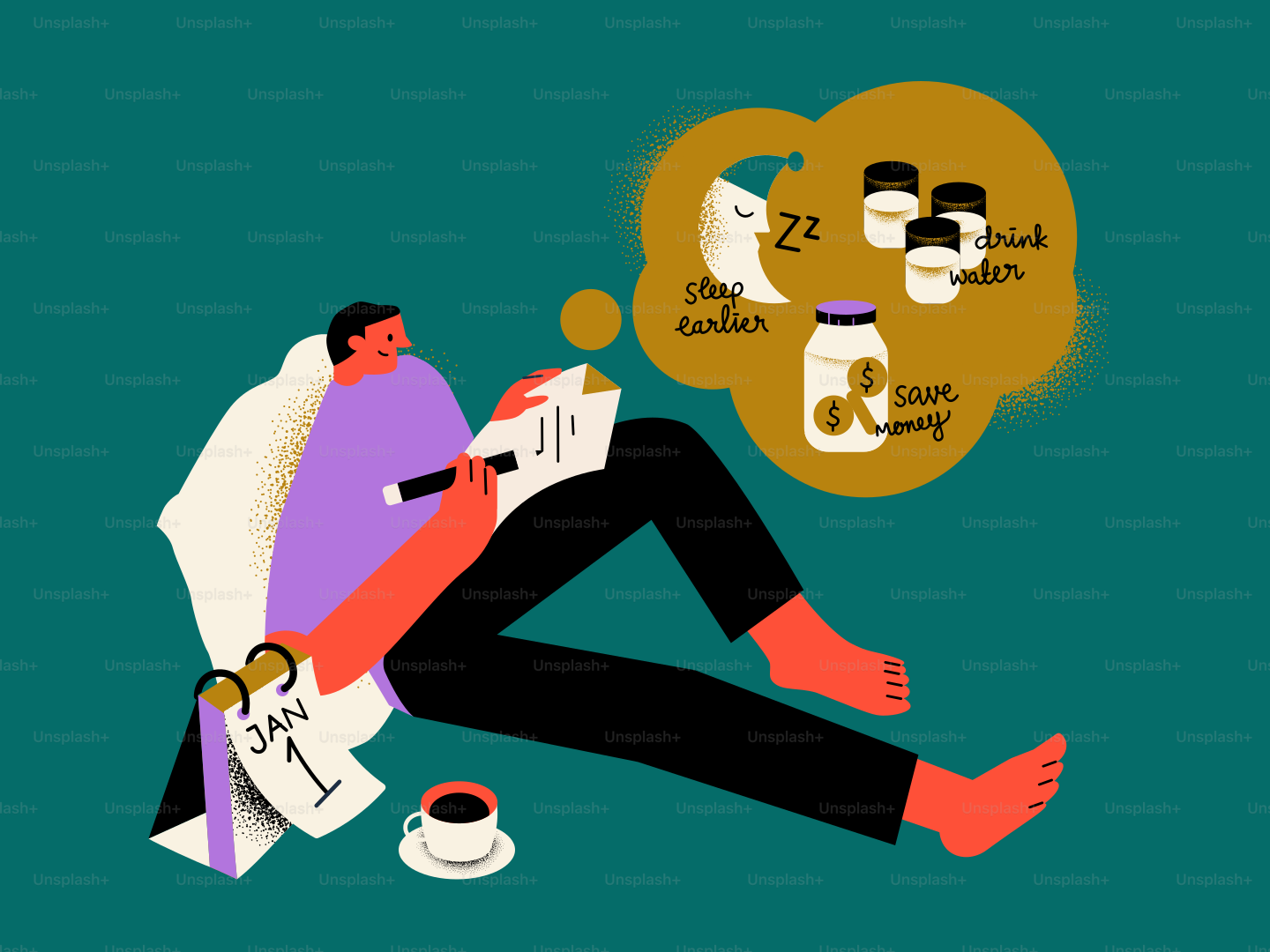 Man making new year's resolutions with coffee