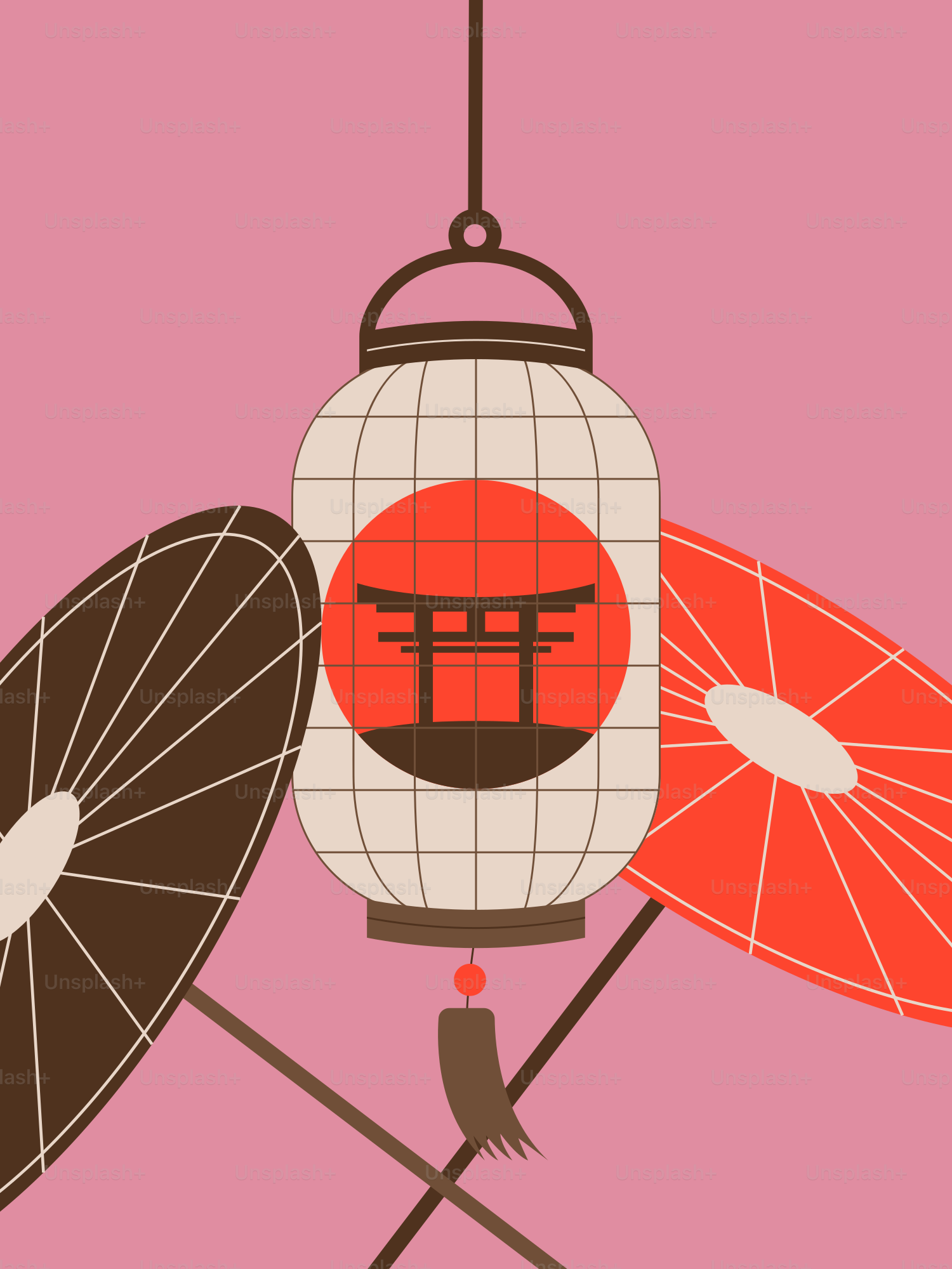 Japanese lantern with umbrellas and torii gate