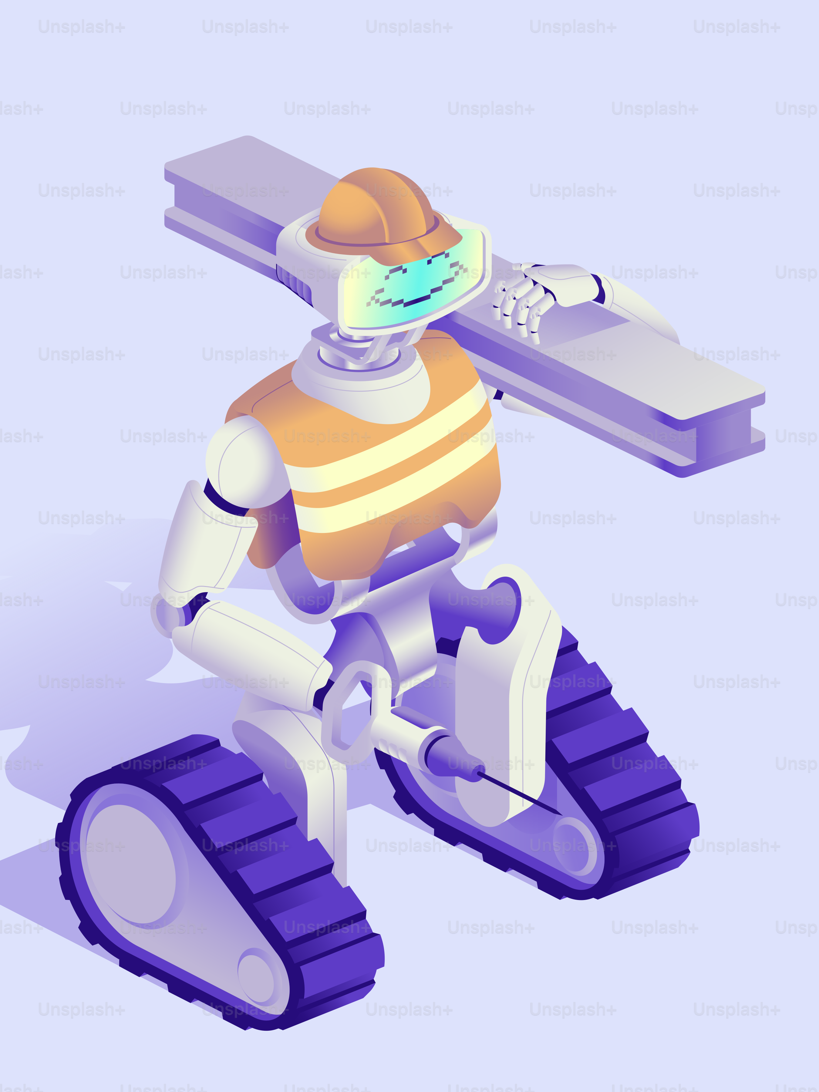 Robot construction worker carrying a steel beam