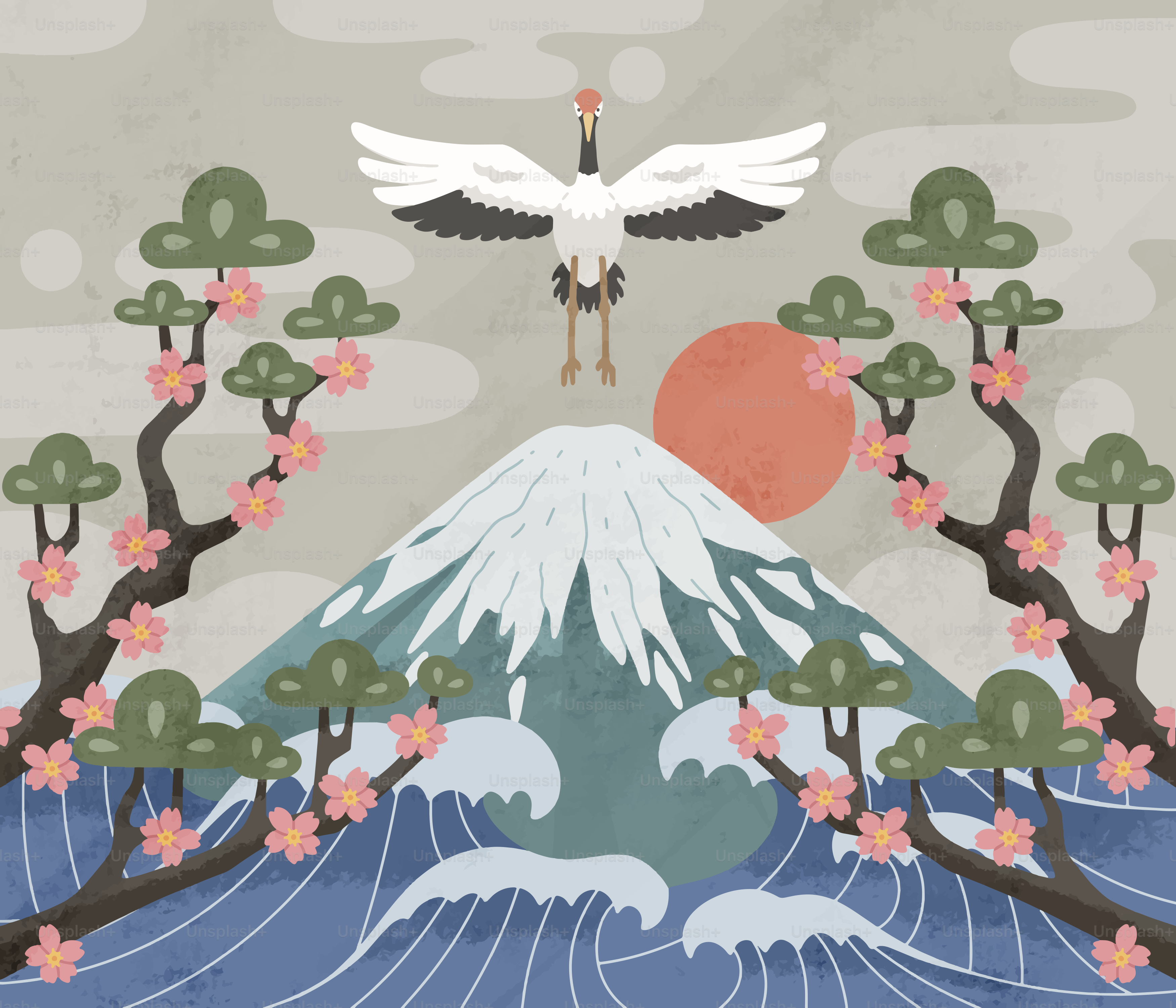 Crane flies over mount fuji with cherry blossoms.