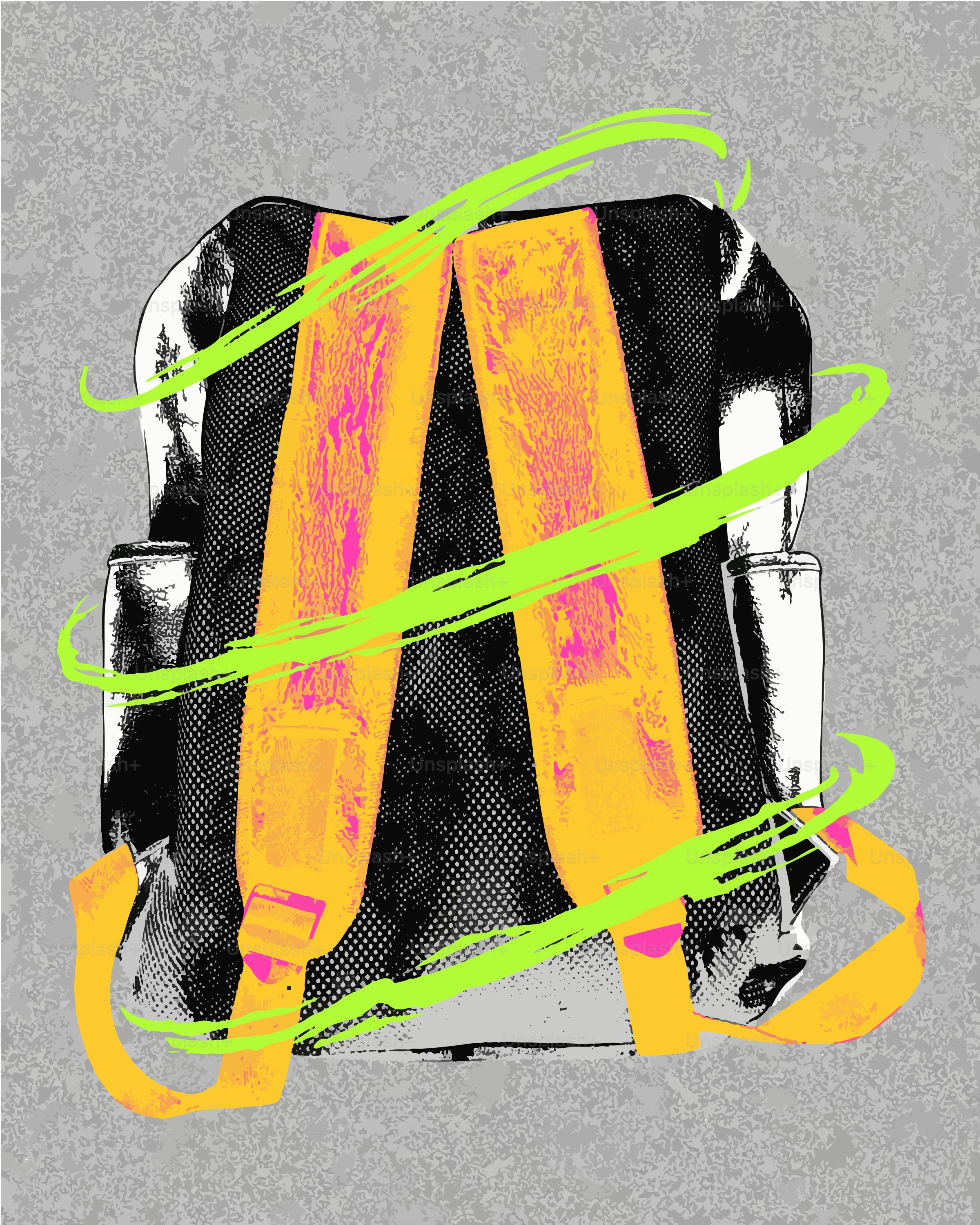 Backpack with neon green swirl on gray background