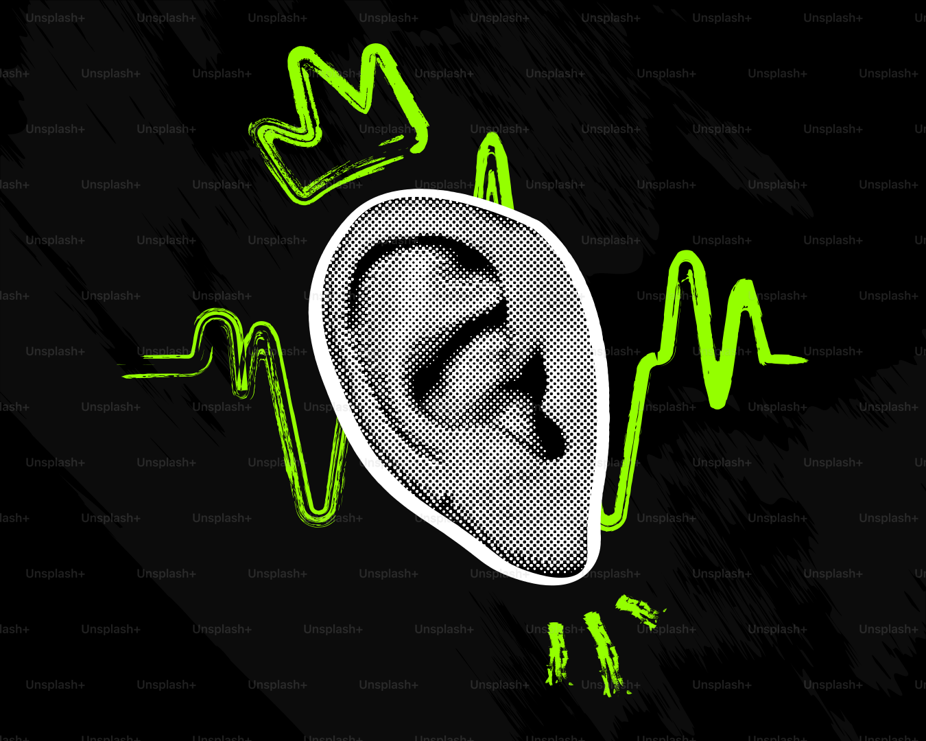 Ear with sound waves and crown illustration