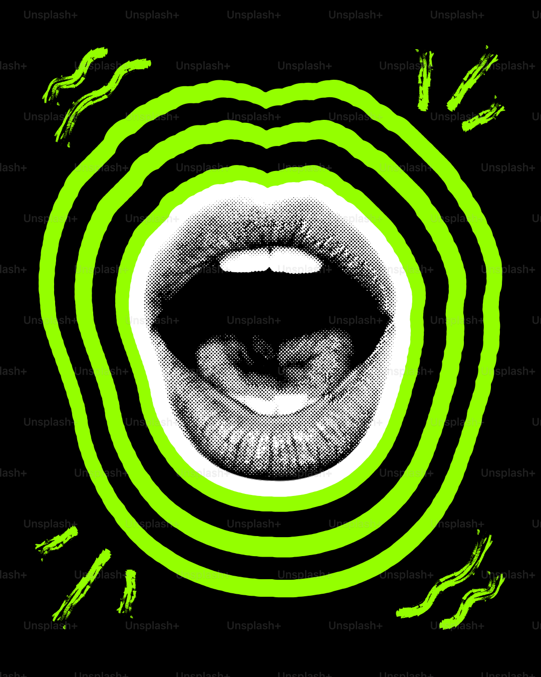 Boca aberta com ondas sonoras verdes sobre fundo preto