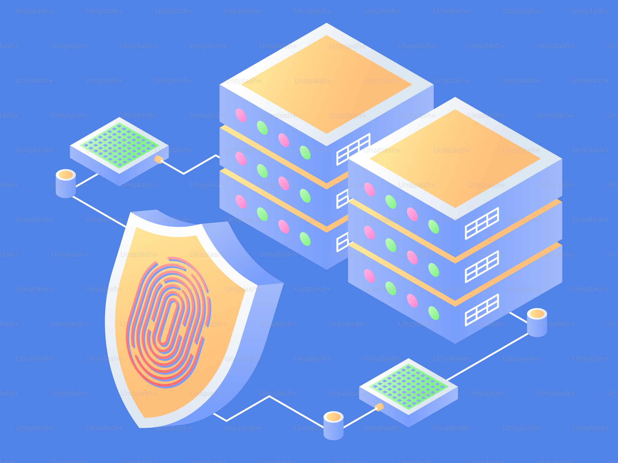 Server security with fingerprint and shield icon