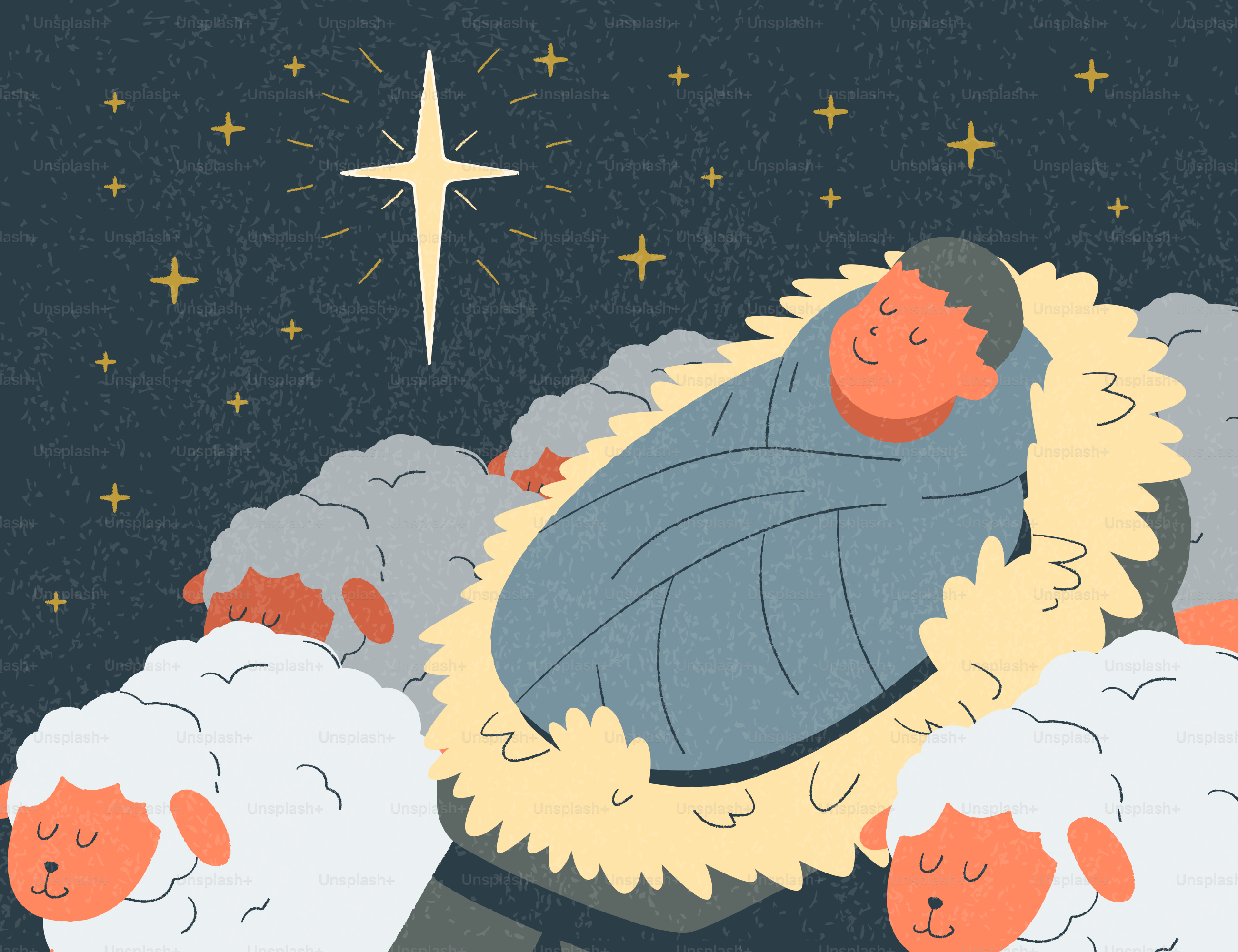 Baby jesus sleeps in manger surrounded by sheep