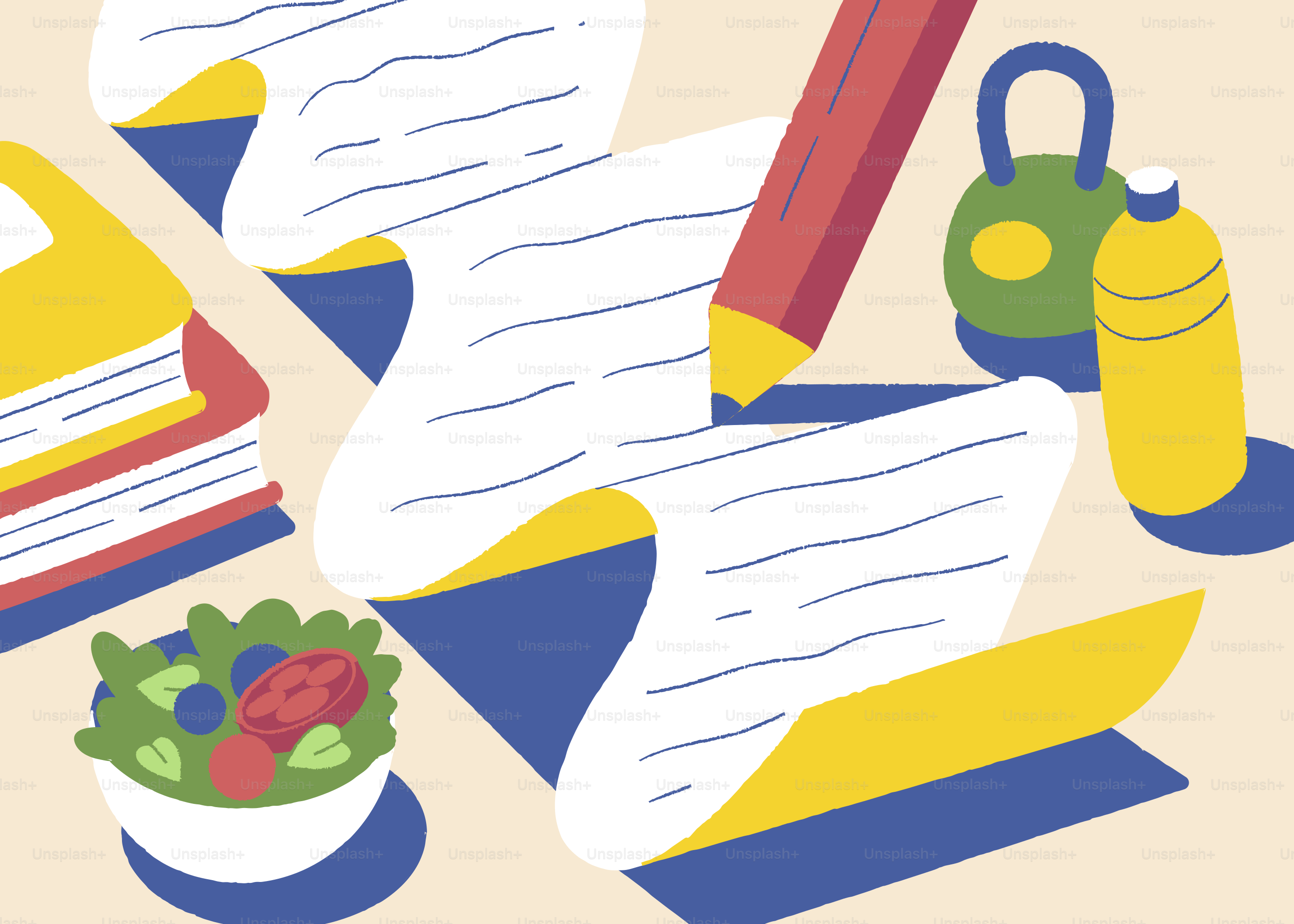 A list with a pencil, books, salad, and weights.