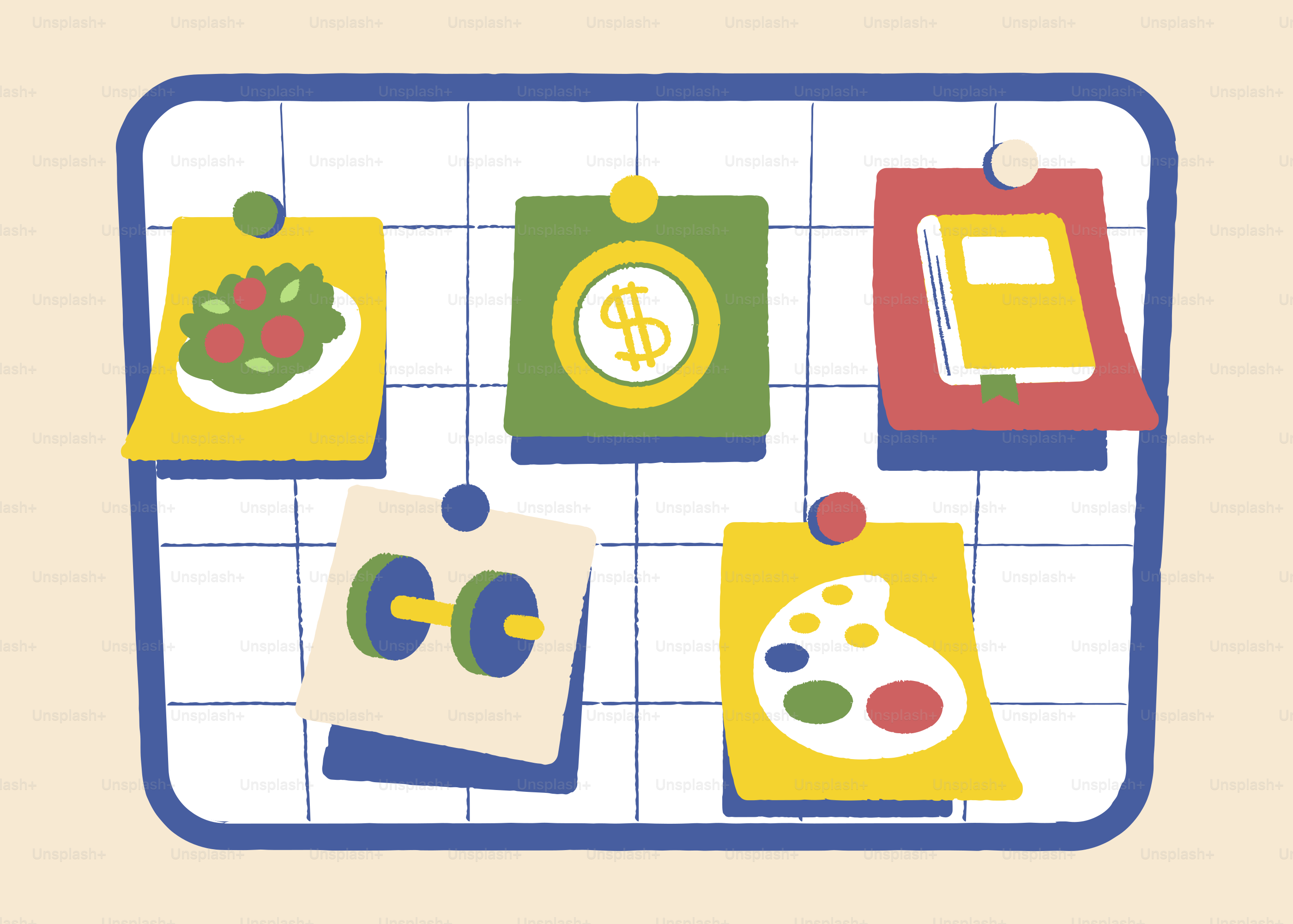 Quadro de avisos com ícones de saúde, dinheiro, livros, arte, fitness.