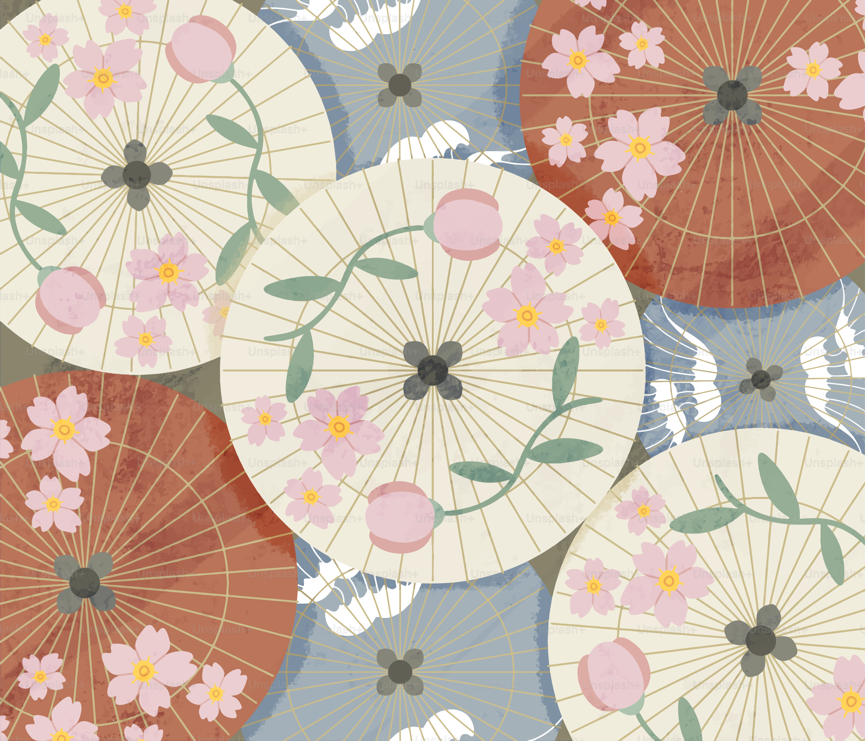 Paraguas japoneses con patrones florales y patrones de grulla