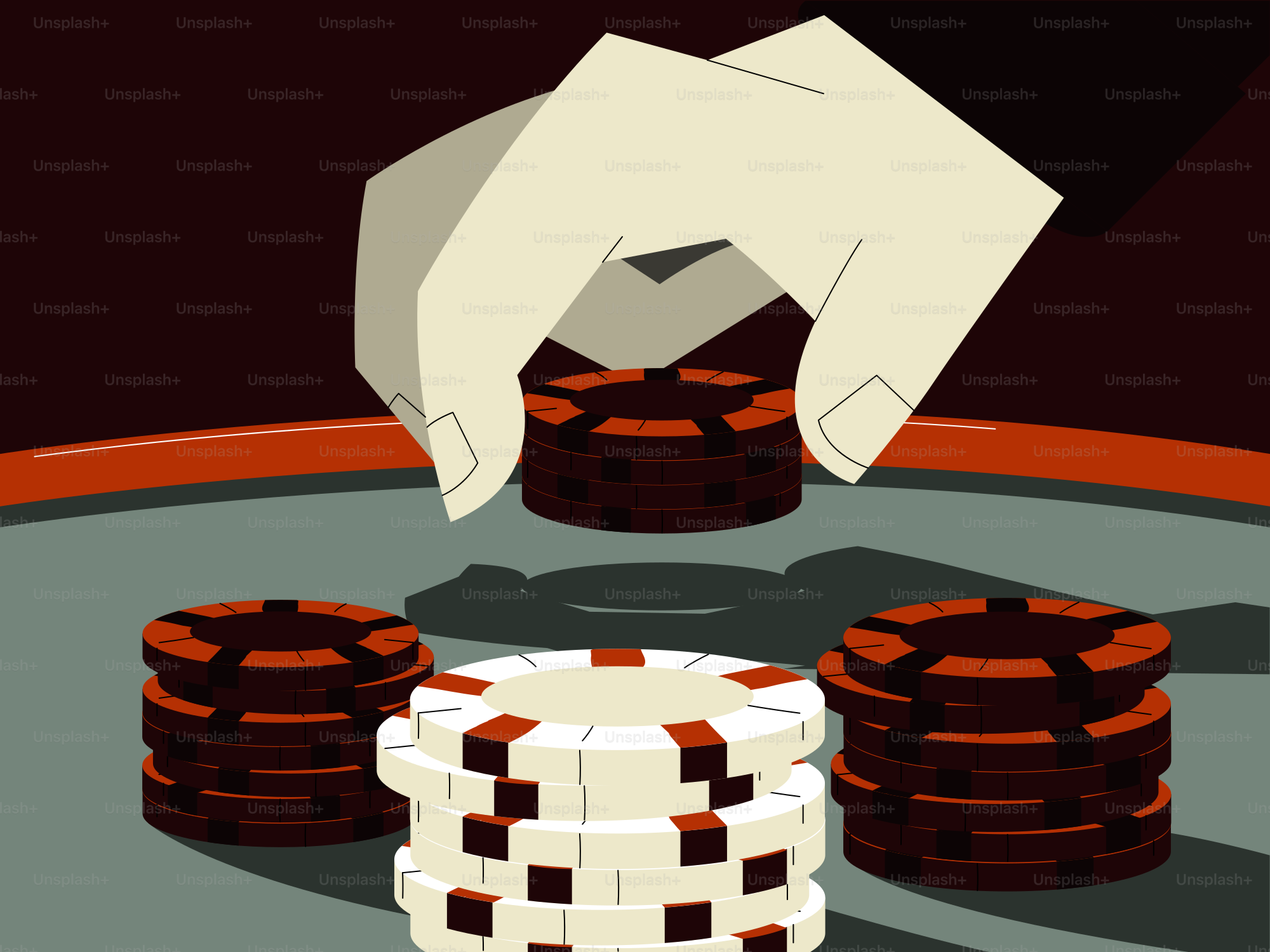 Tangan menempatkan chip poker merah di tumpukan.