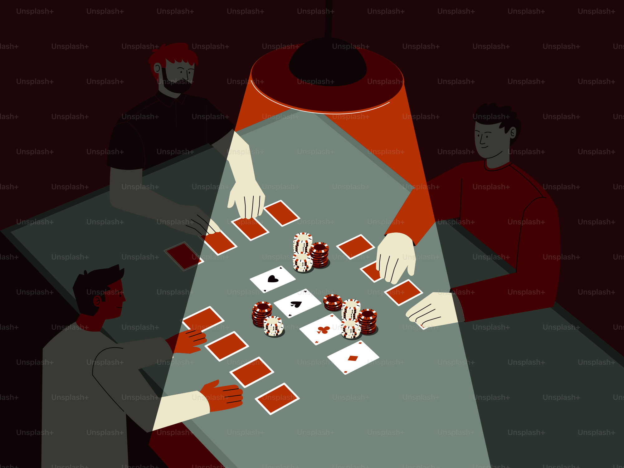 Uomini che giocano a poker sotto una lampada