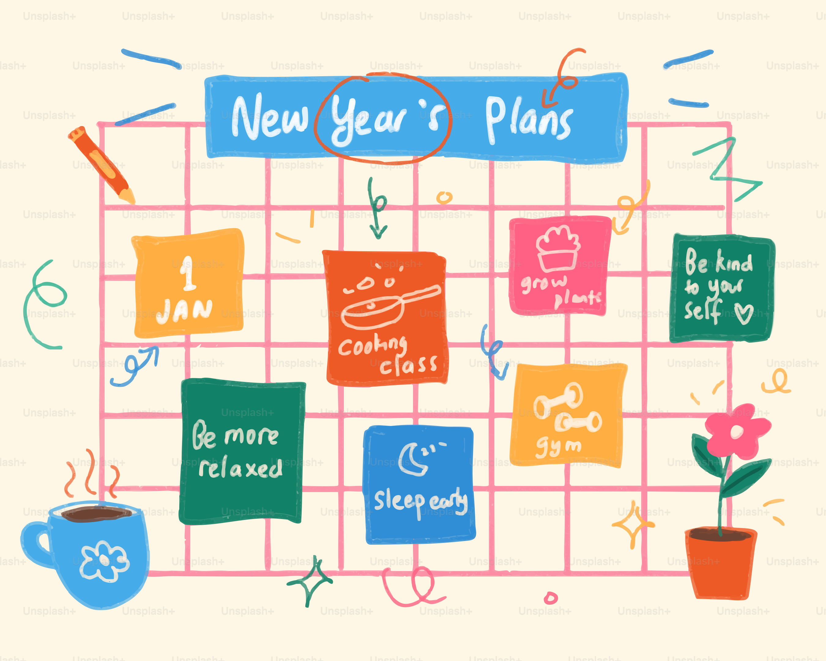 Planes de Año Nuevo escritos en un calendario cuadriculado.
