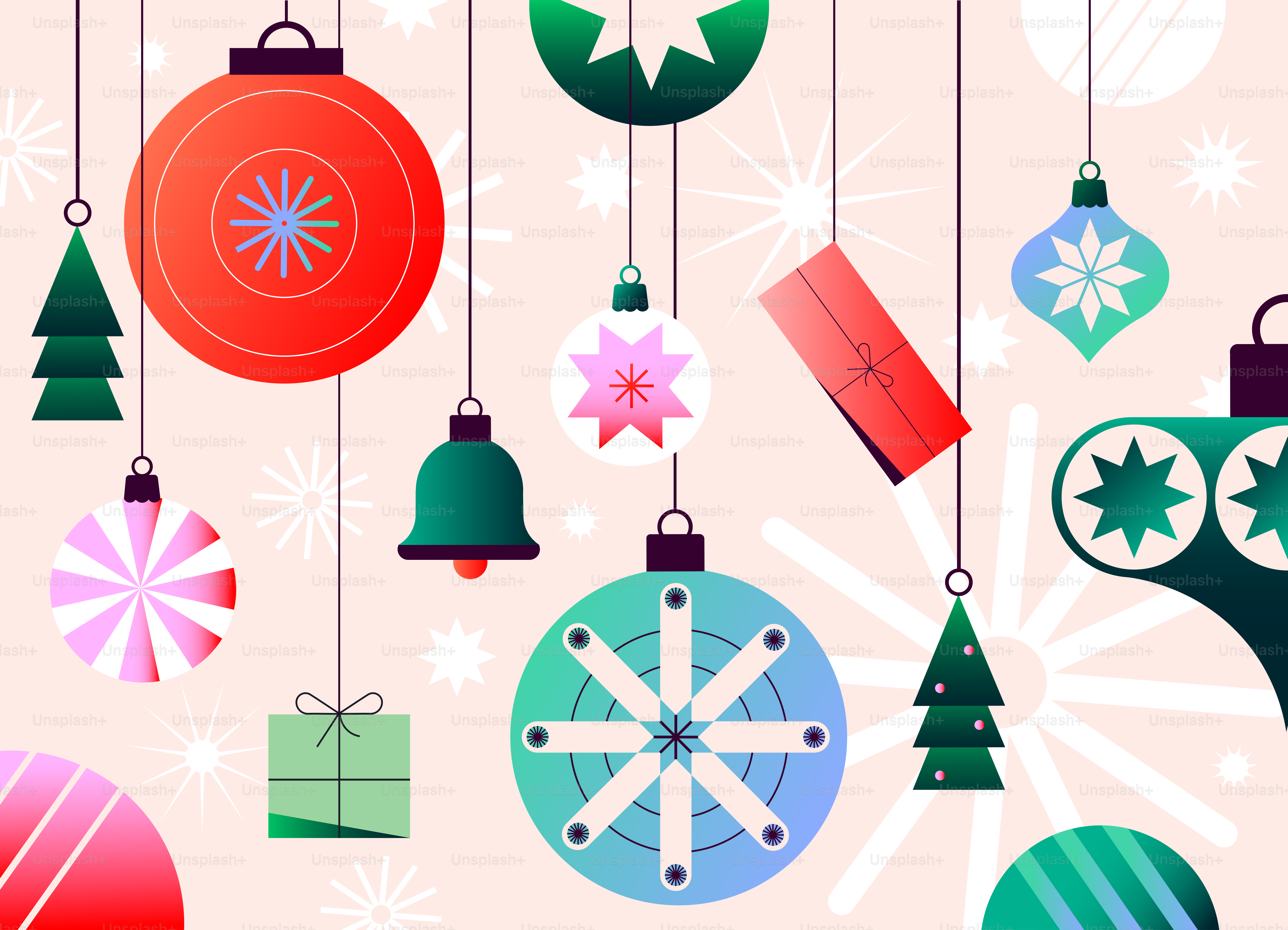Various festive christmas ornaments hanging against a light background.