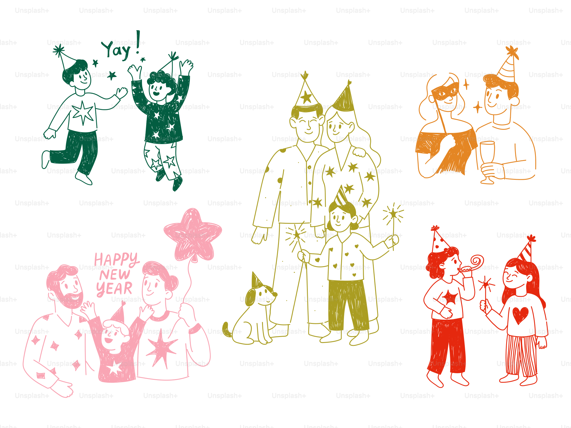 Families celebrating new year's eve with party hats.