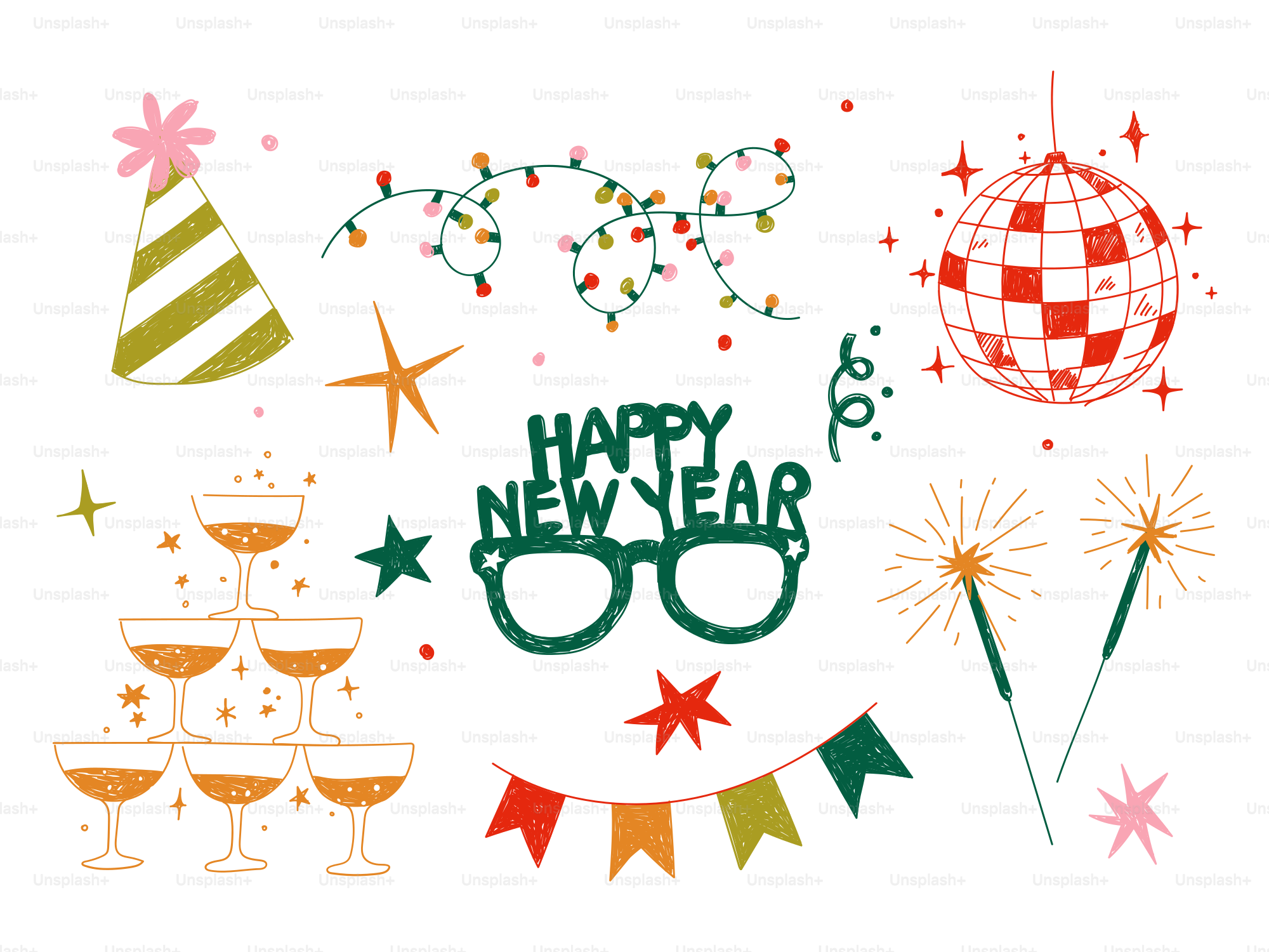 Happy new year party elements with glasses and champagne