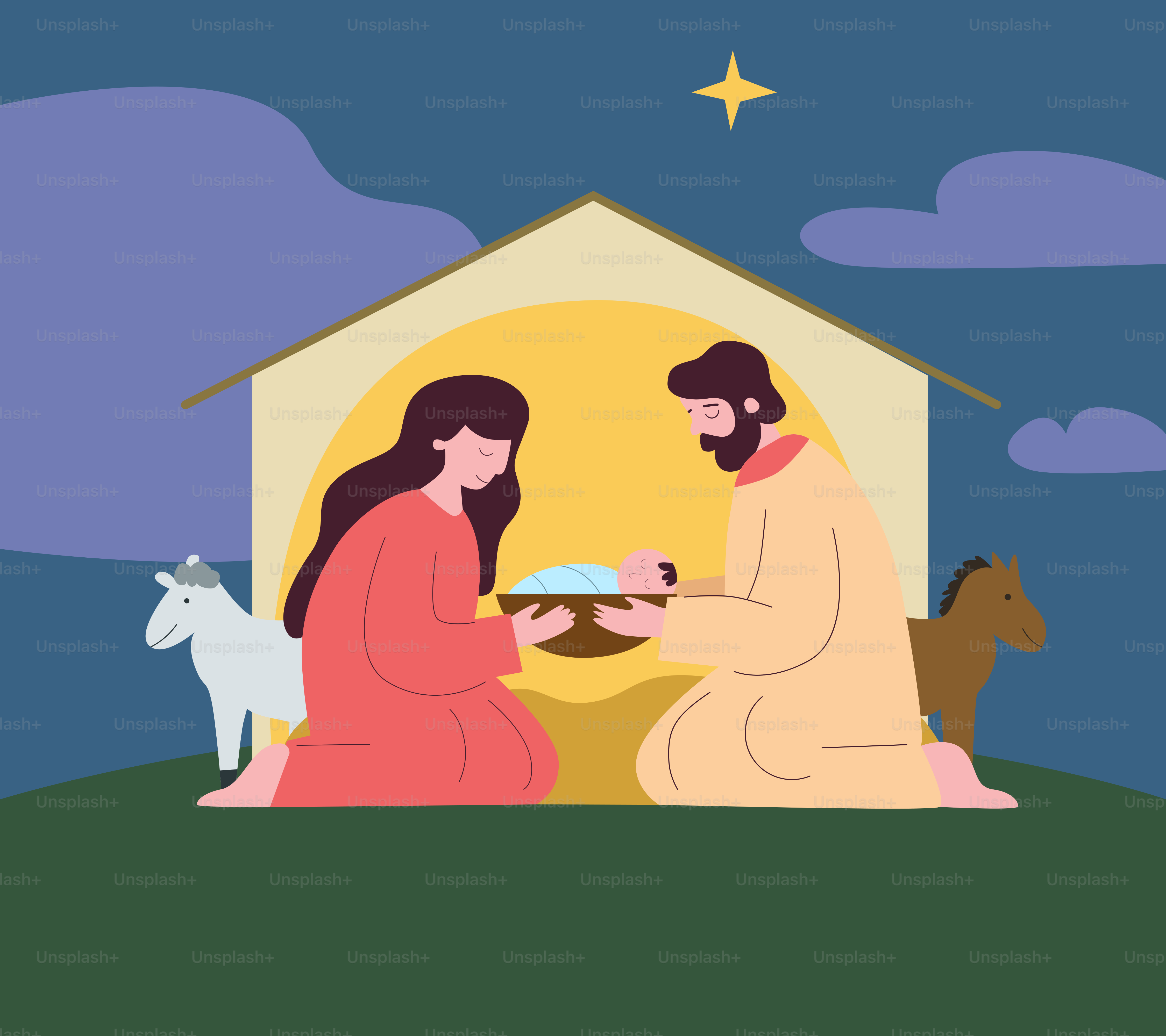 Nativity scene with mary, joseph, and animals