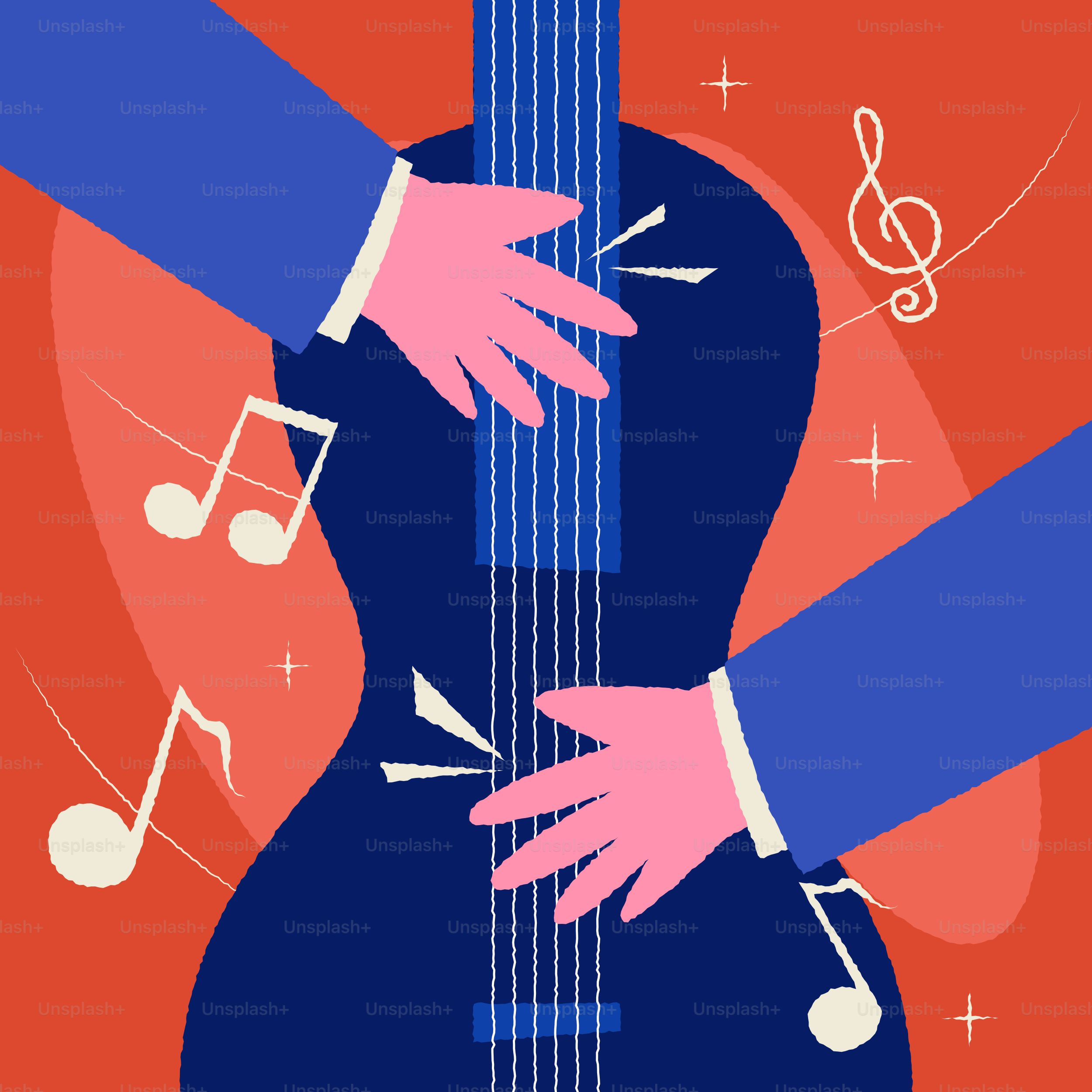 Deux mains jouant d’une guitare bleu foncé avec des notes de musique.