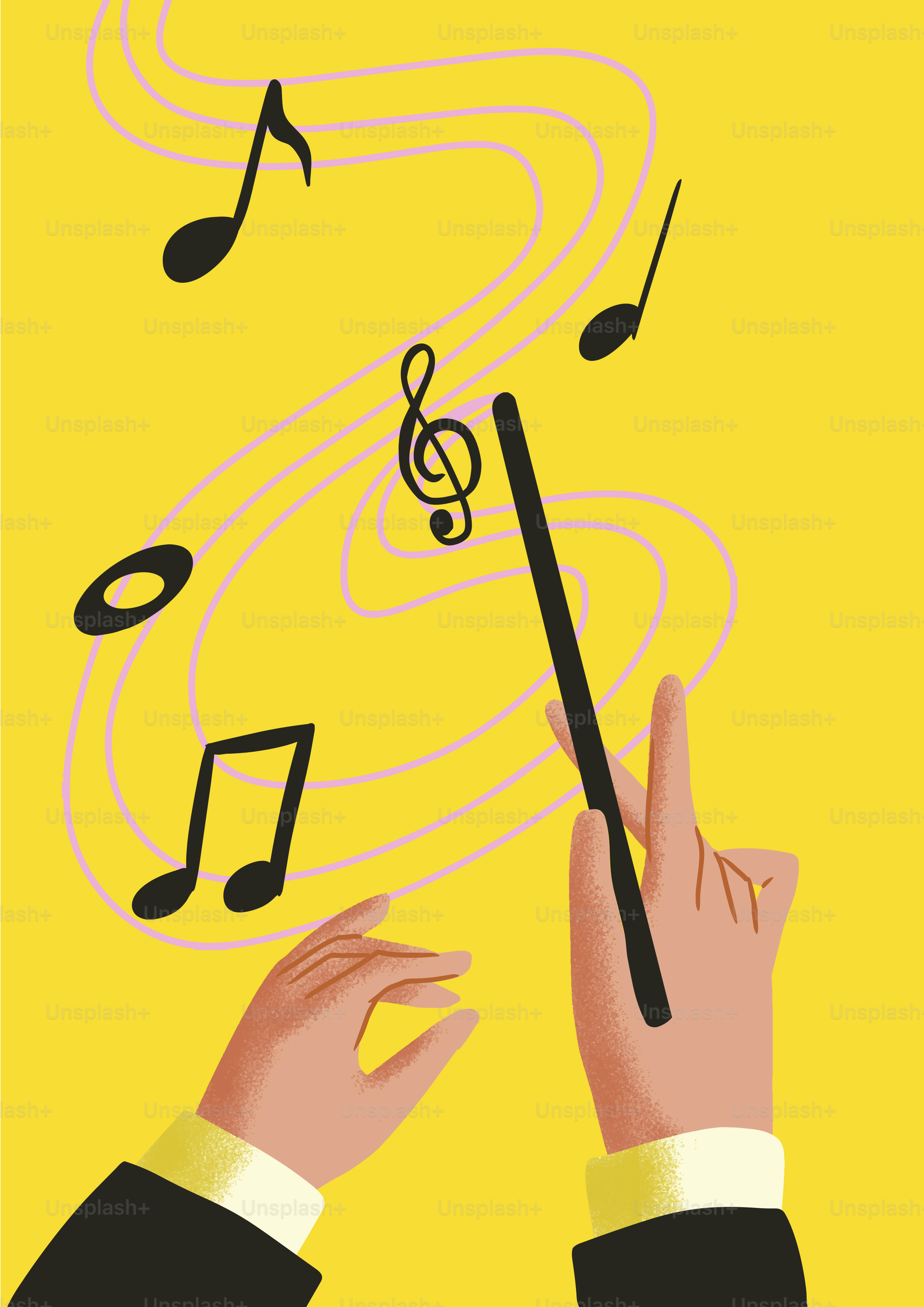 Conductor's hands with musical notes and swirls