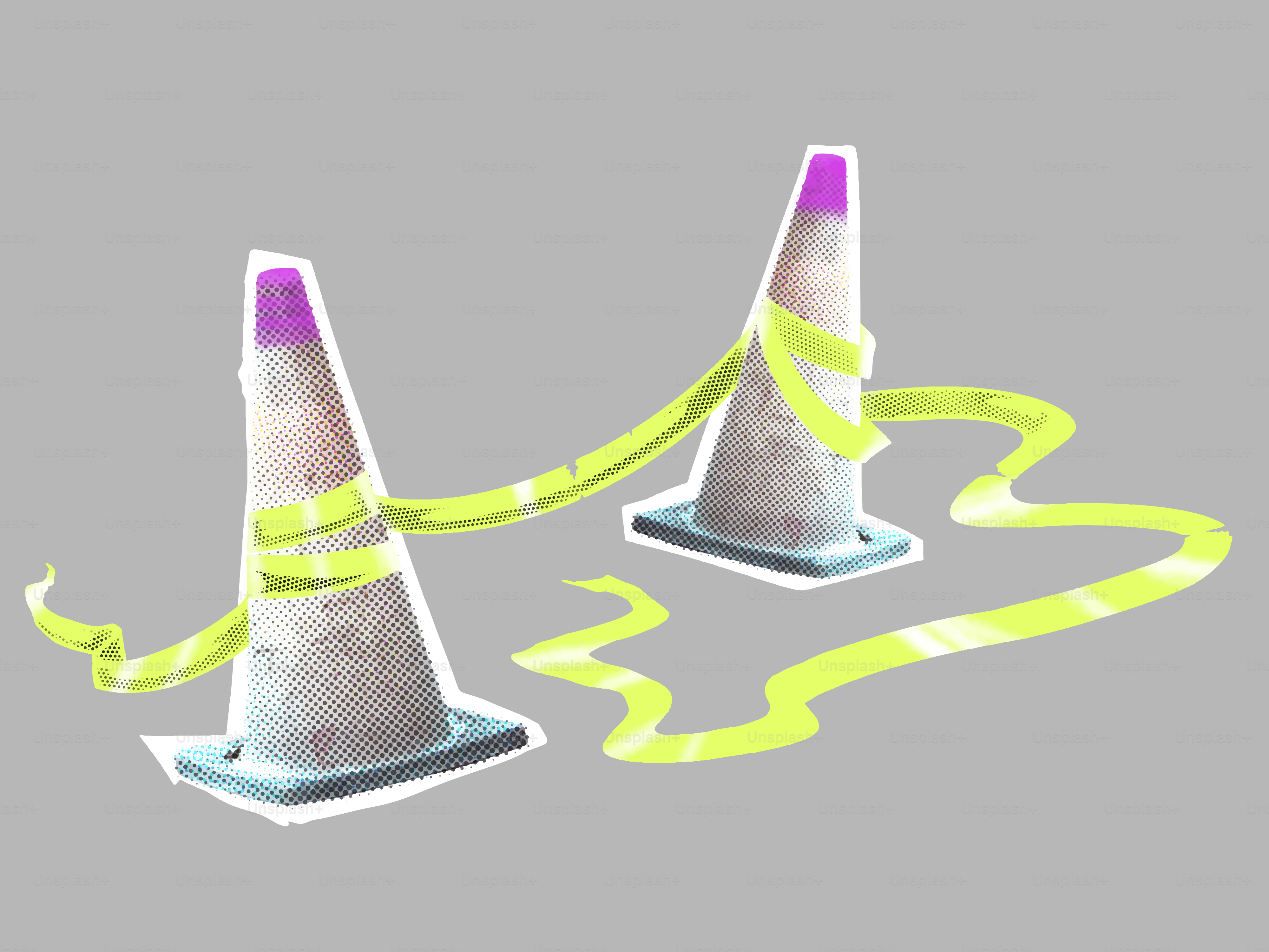 Dos conos de tráfico con cinta amarilla