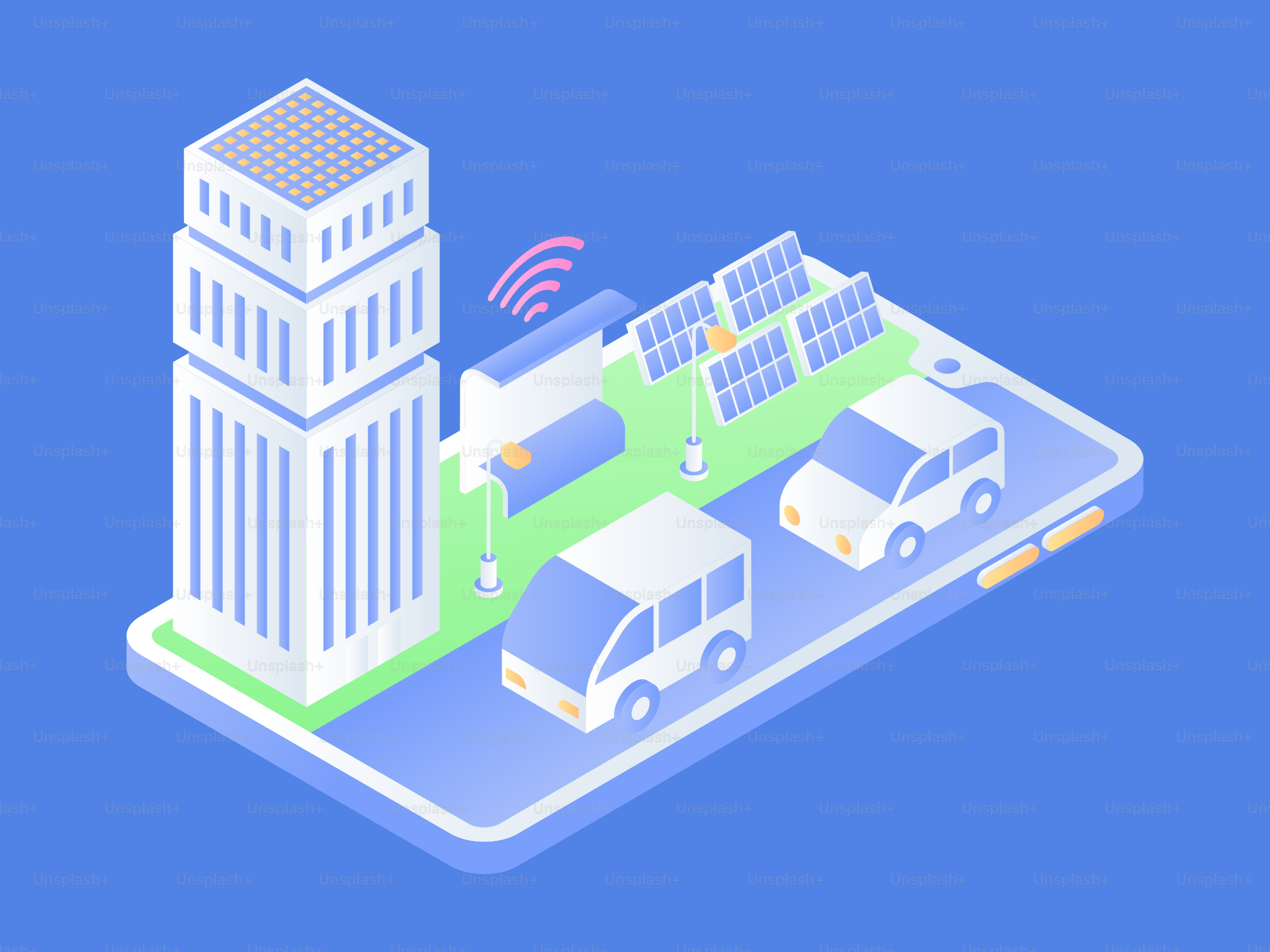 Concetto di smart city con pannelli solari e auto elettriche.