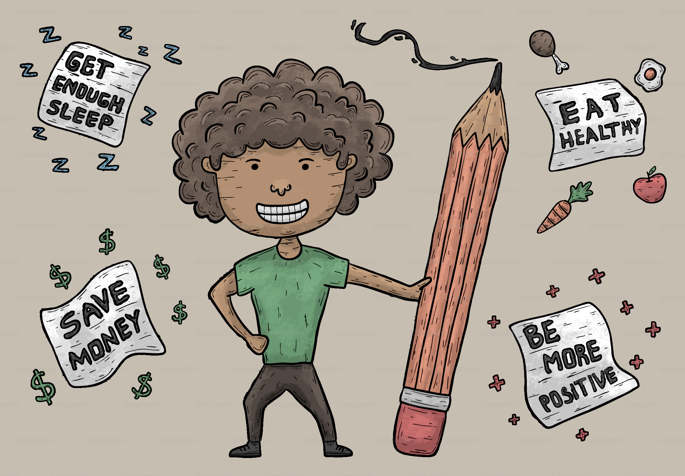 Person drawing healthy lifestyle goals with giant pencil.