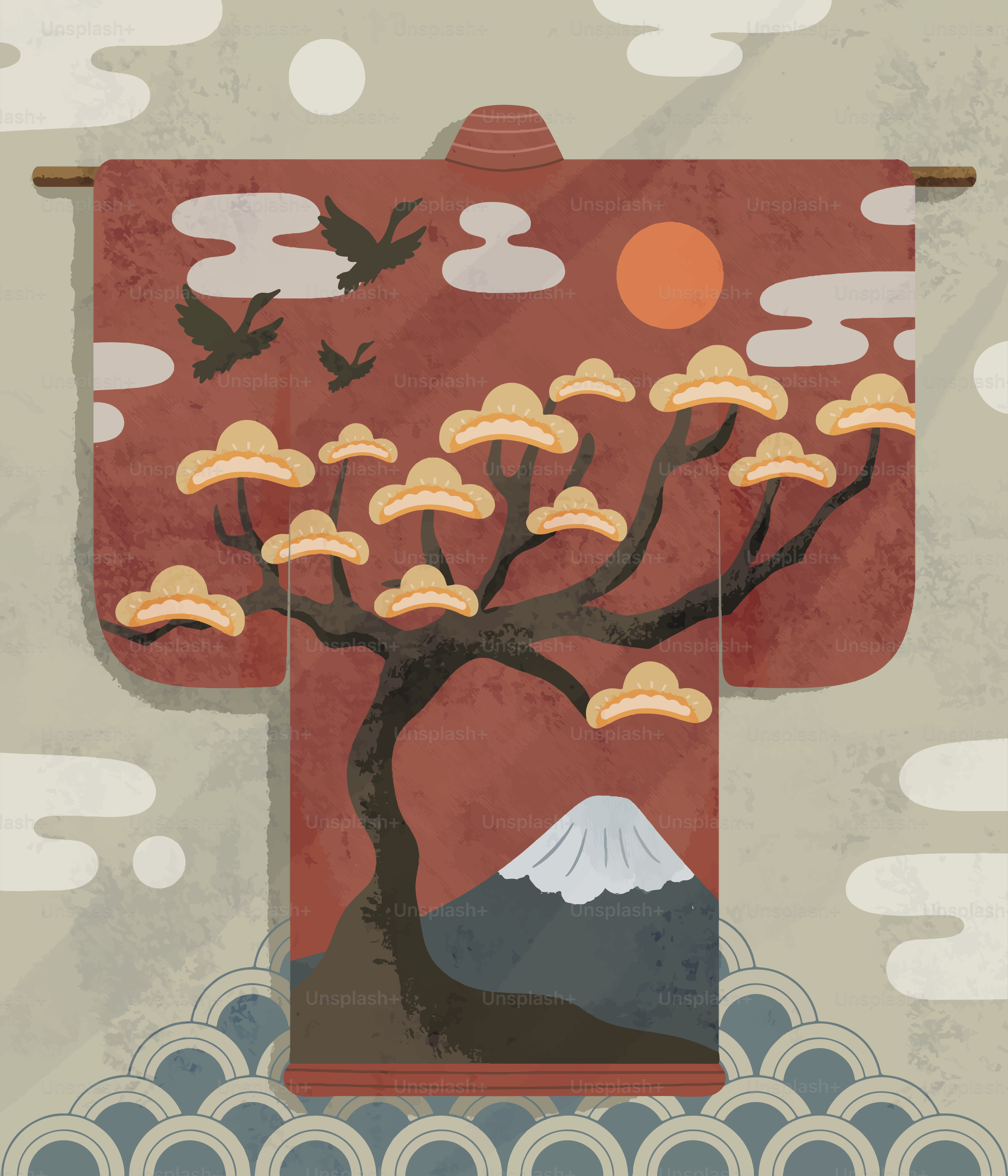 Kimono con árbol, montaña, pájaros y sol