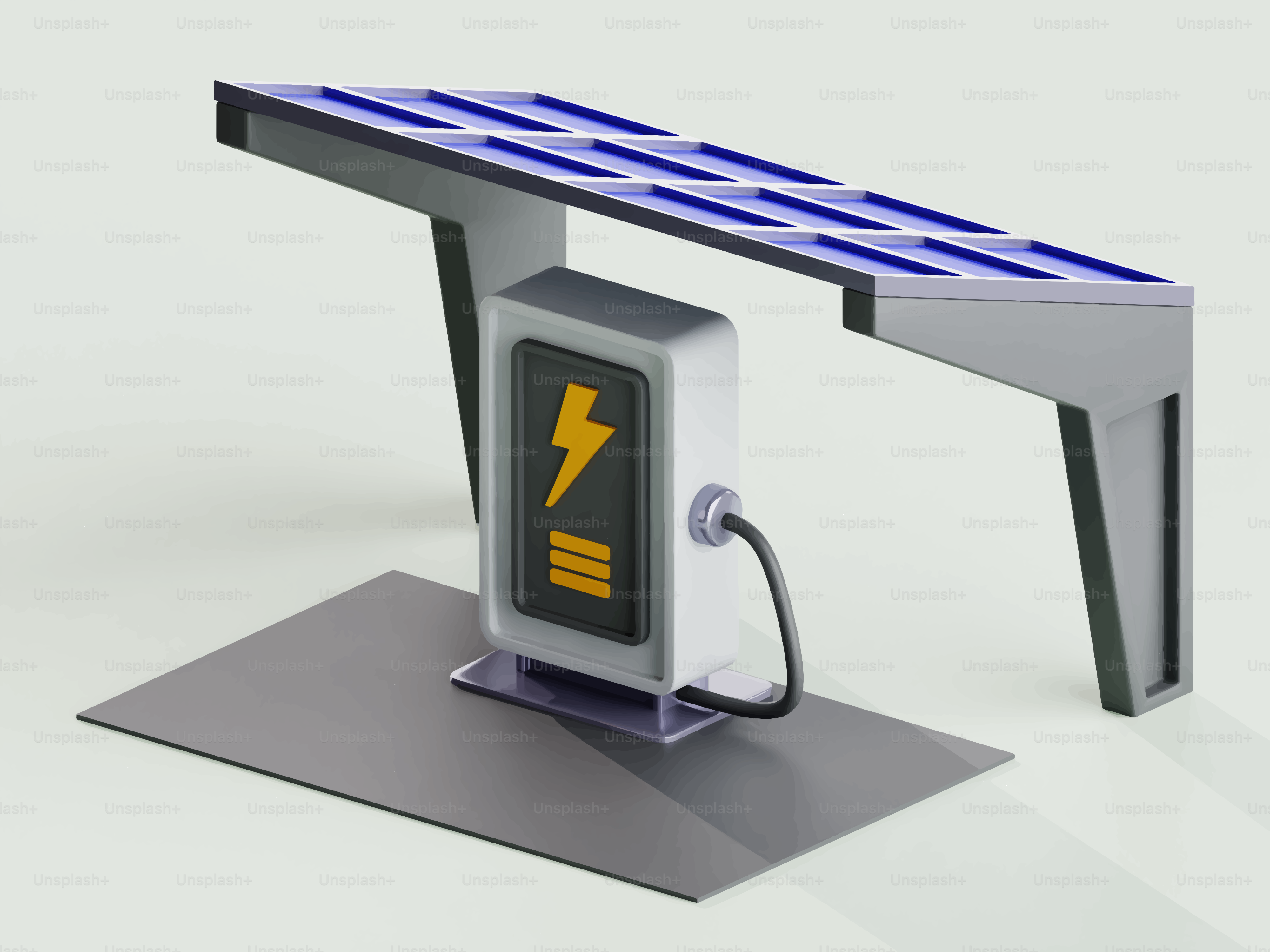 Solar panel charging station with electric symbol.