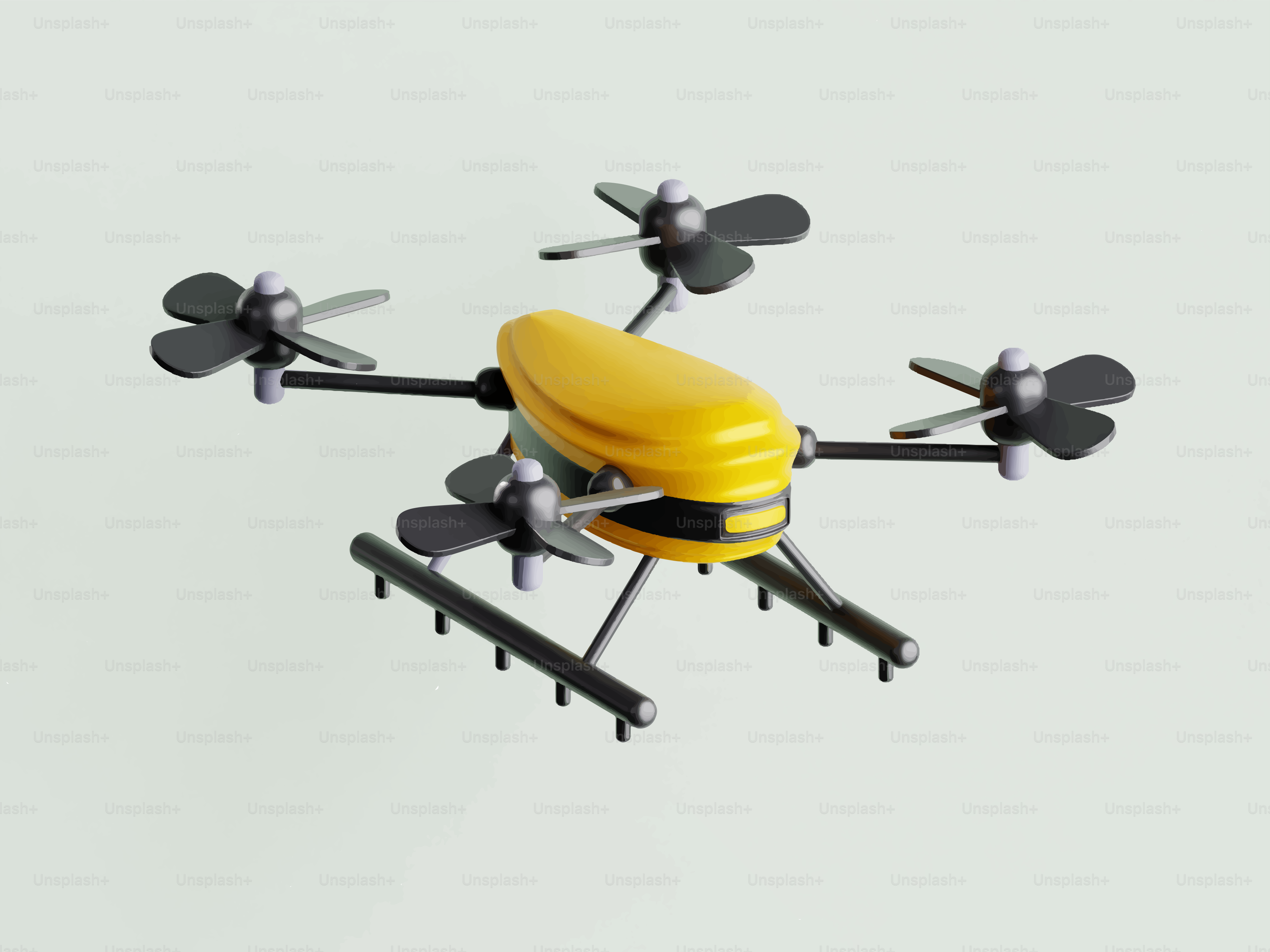 Eine gelbe Drohne mit vier Propellern auf hellem Hintergrund