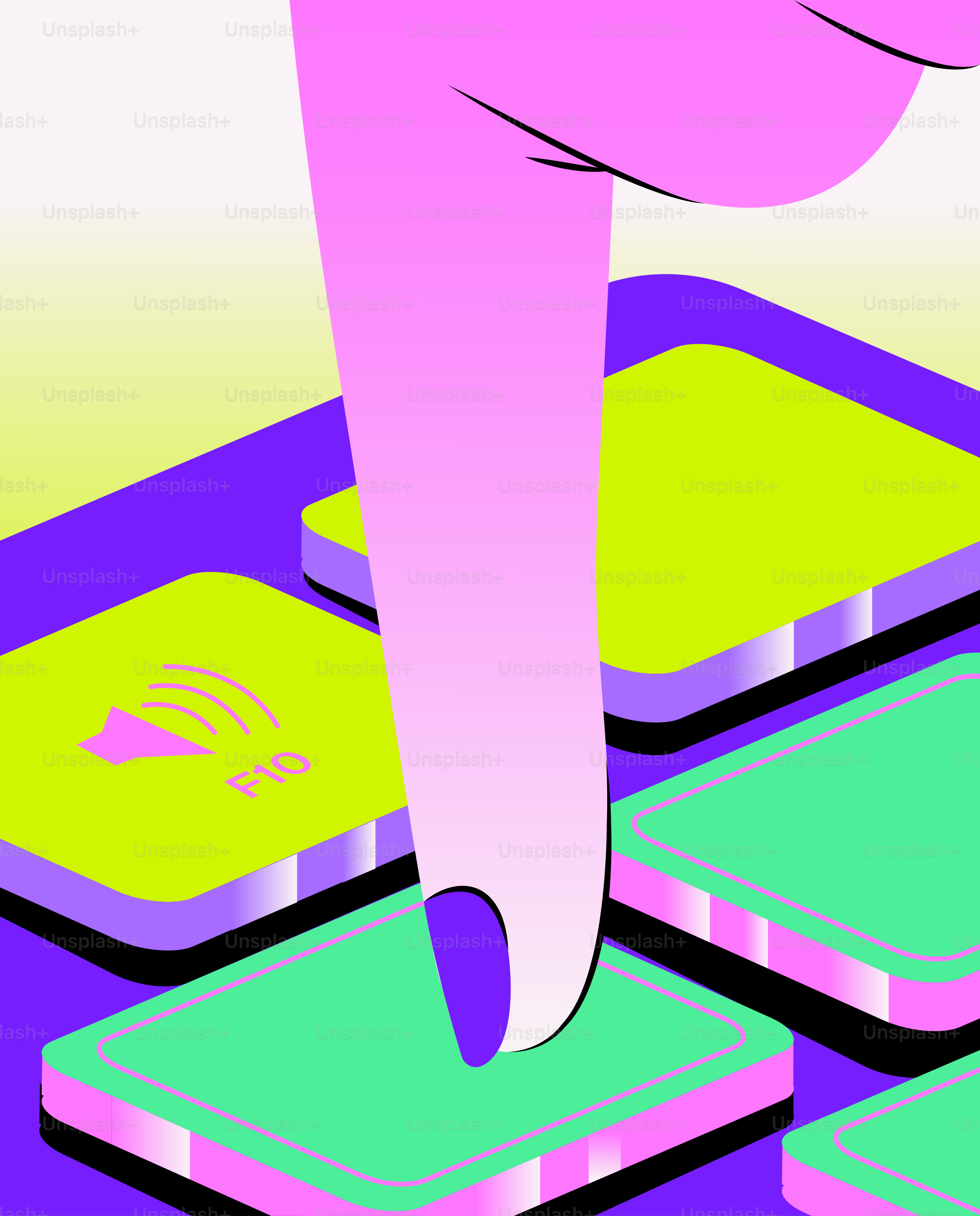 Finger pressing a green button on a purple keyboard.