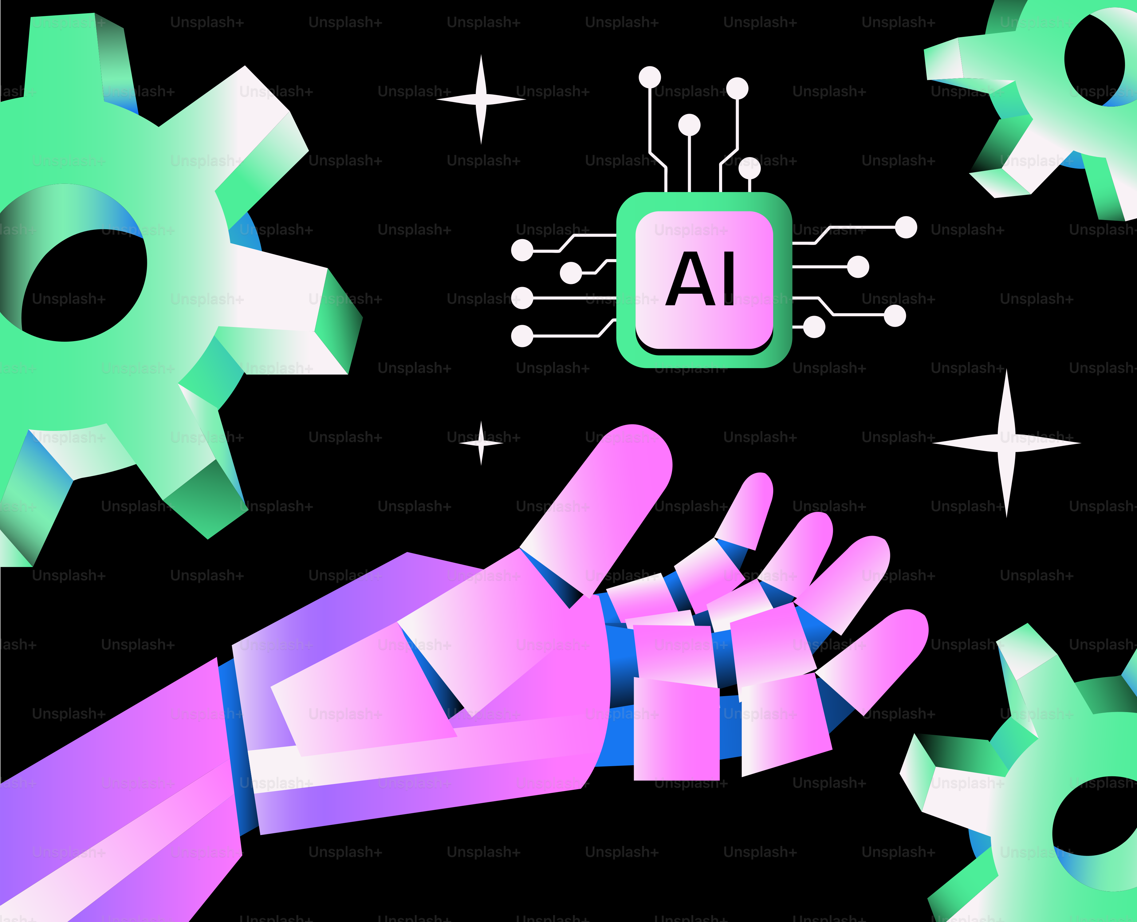 Robotic hand reaching for ai chip with gears