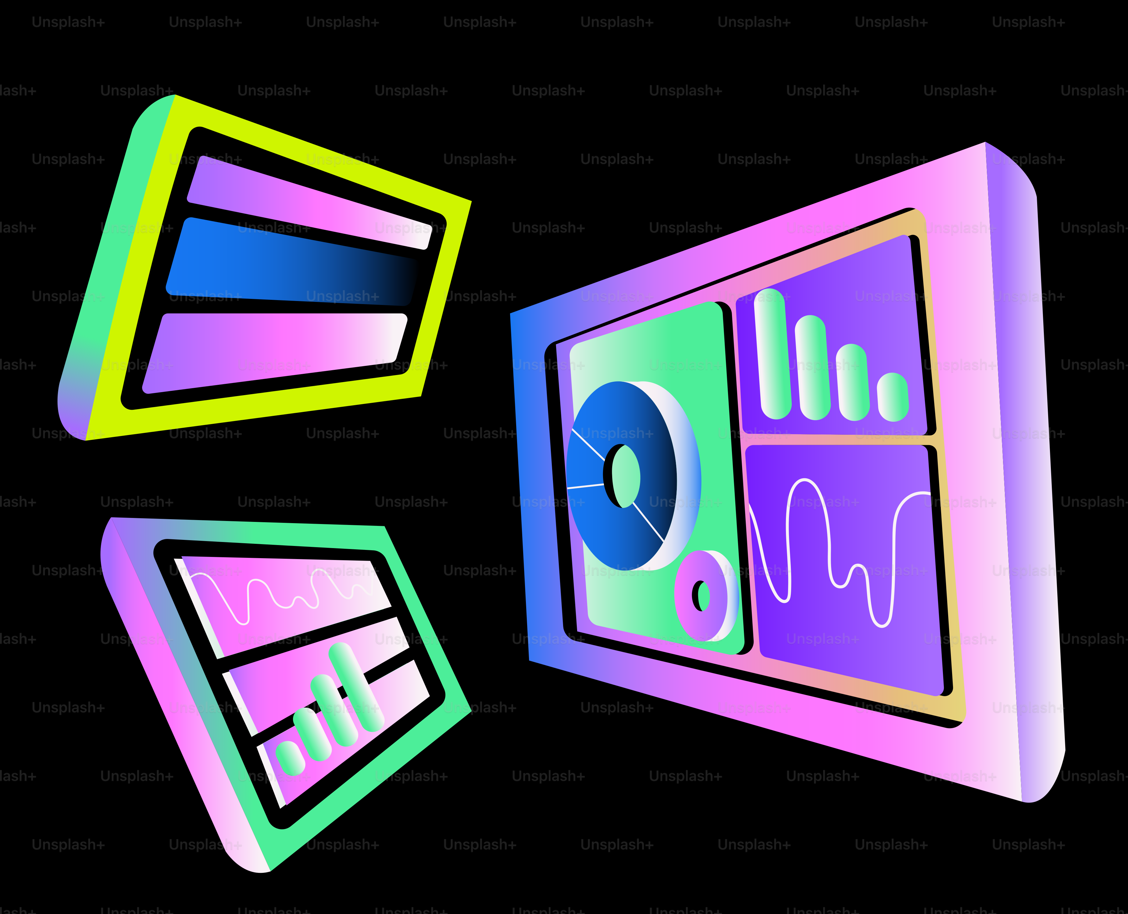 Three screens displaying colorful abstract data visualizations