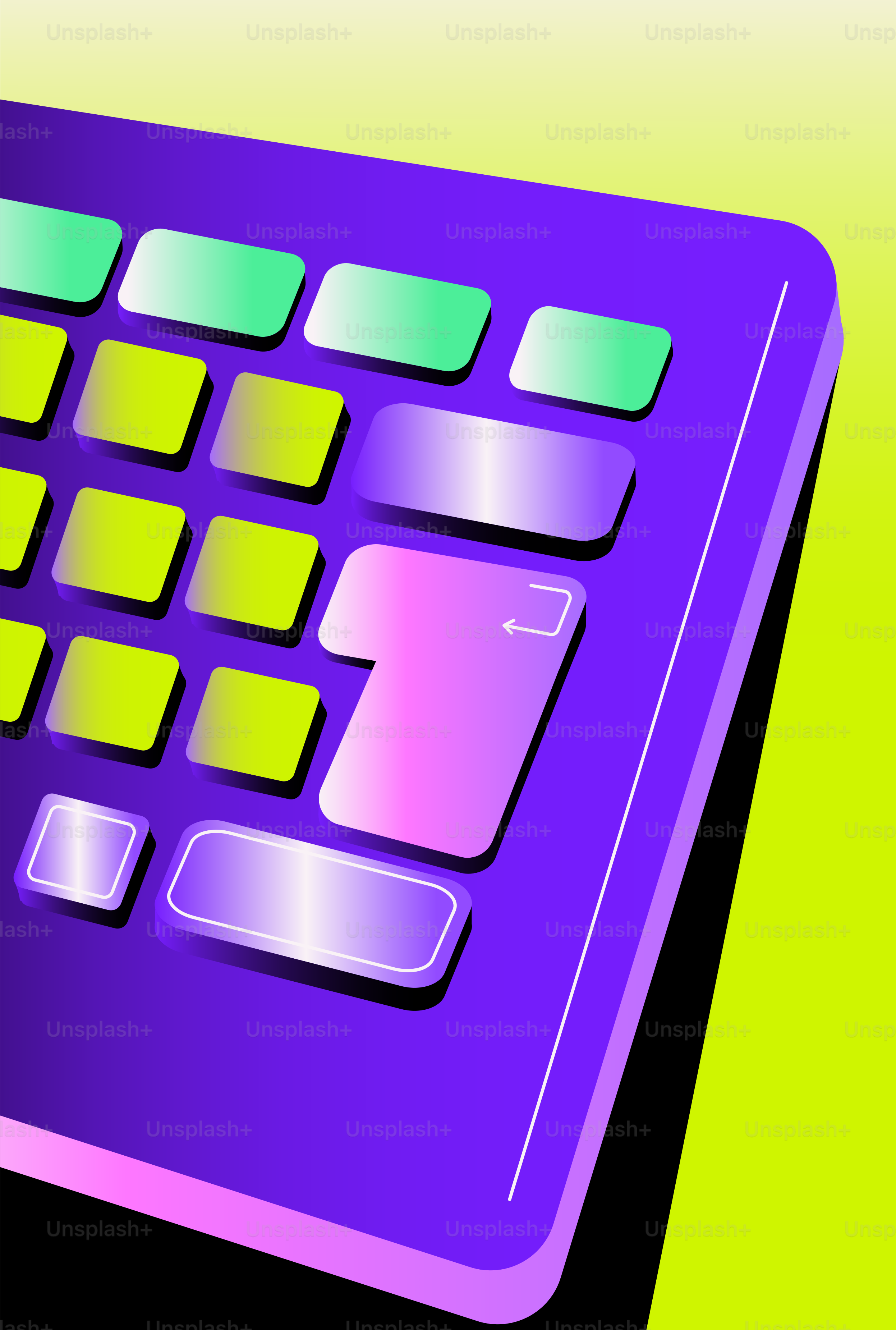 Close-up of a purple keyboard with colorful keys.