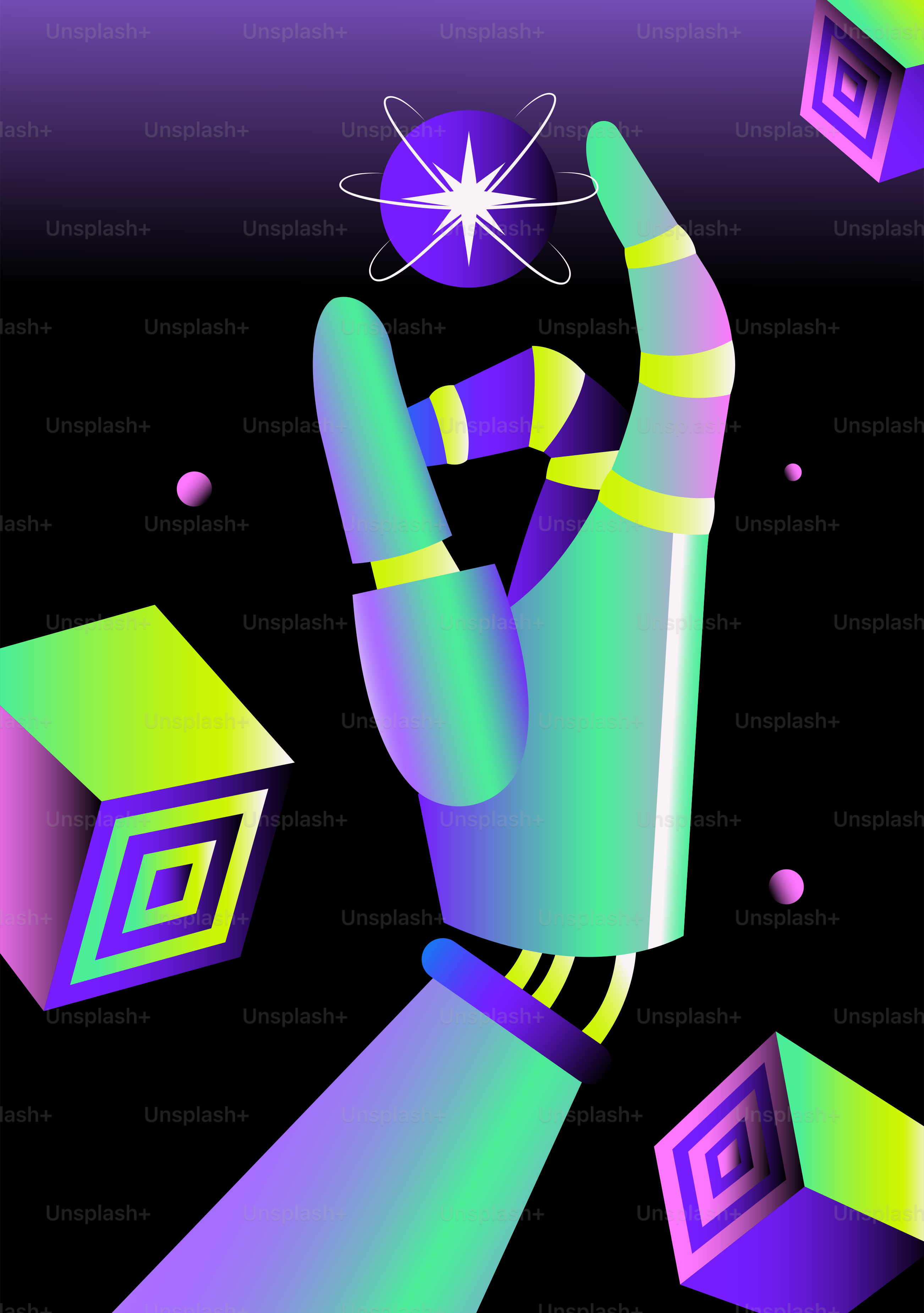 Robotic hand holding an atom with geometric shapes