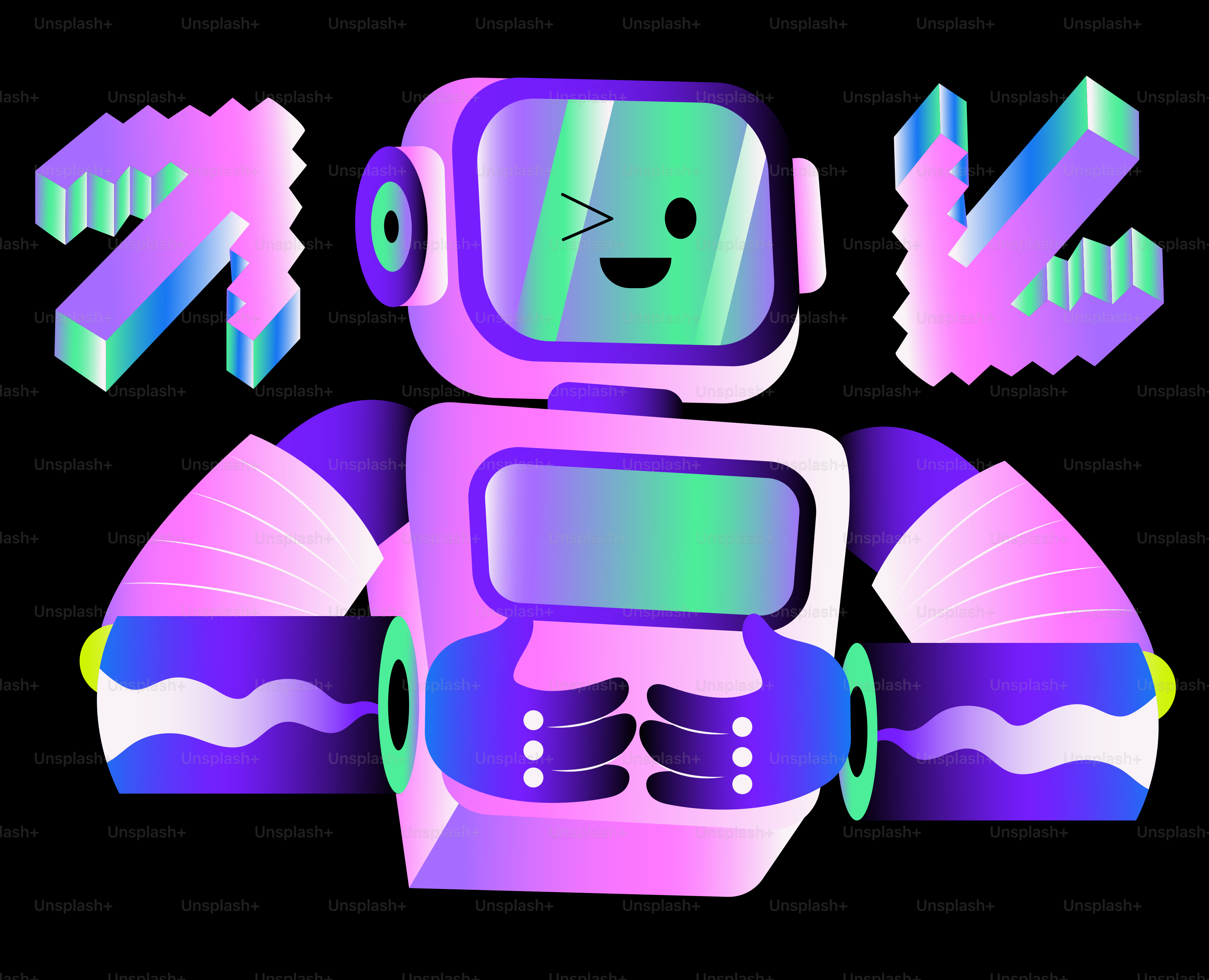 A friendly robot with colorful arrows on a black background