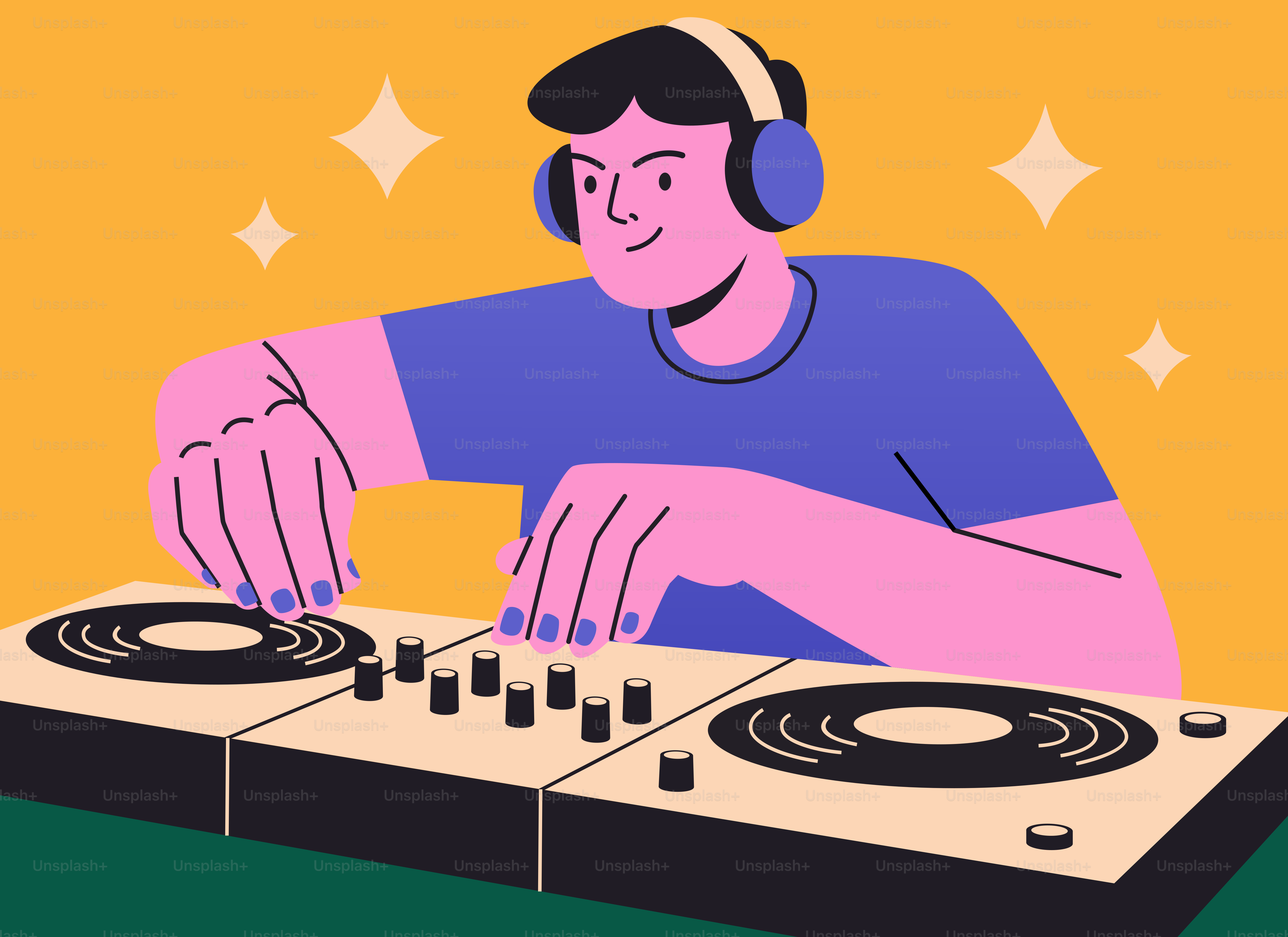 Une personne avec un casque fait le DJ devant une console.