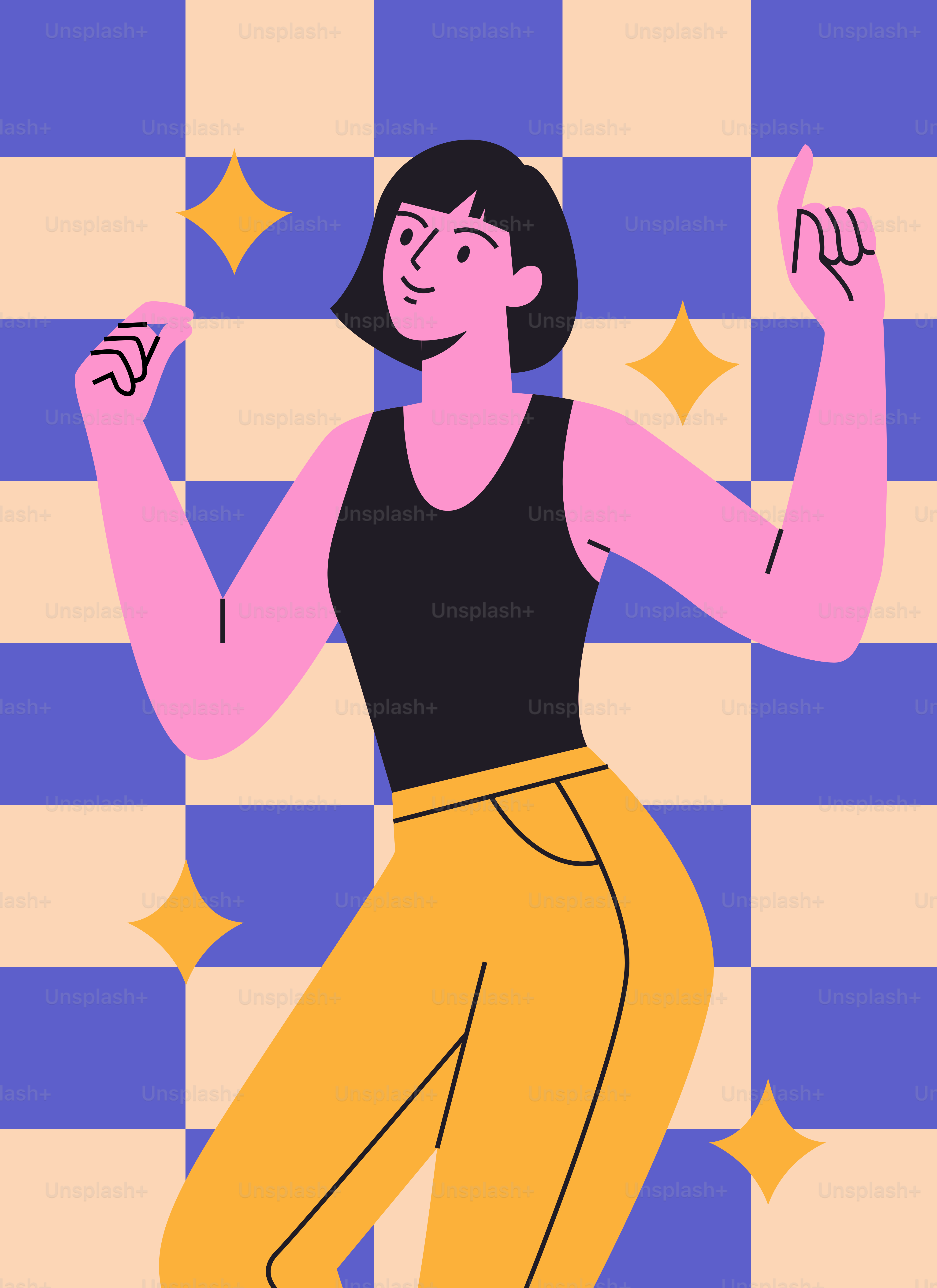 A woman dancing with yellow pants and black top.