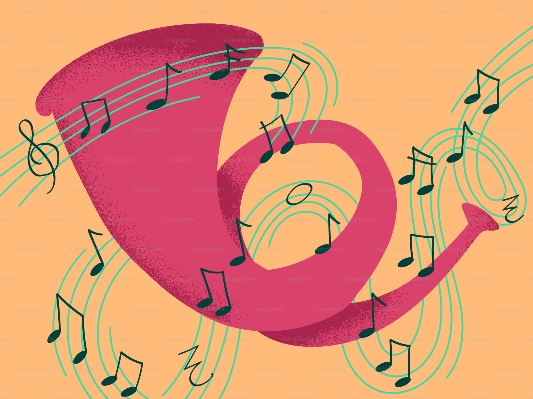 Un cuerno rosa con notas musicales