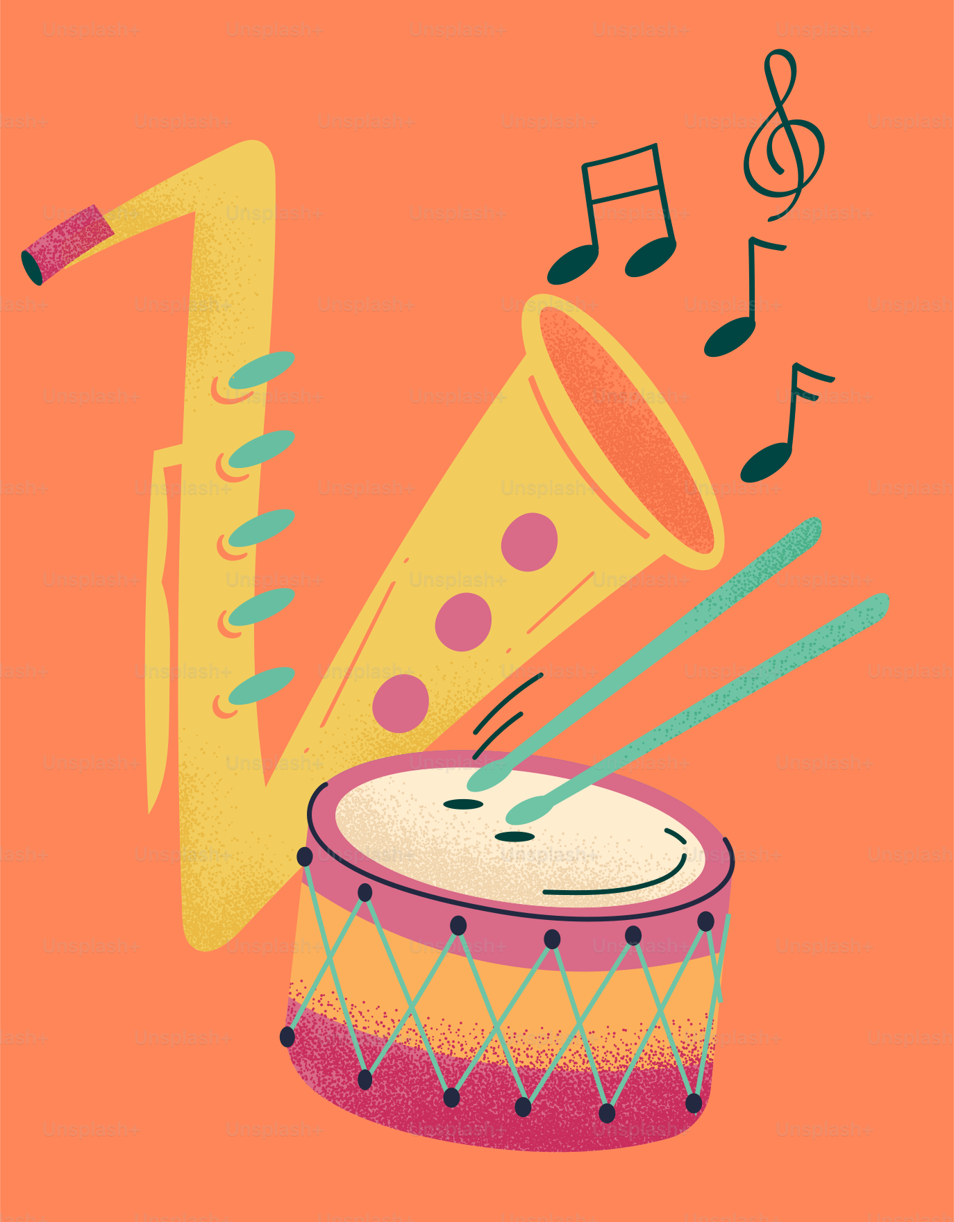 Saxophone, drum, and musical notes on orange background