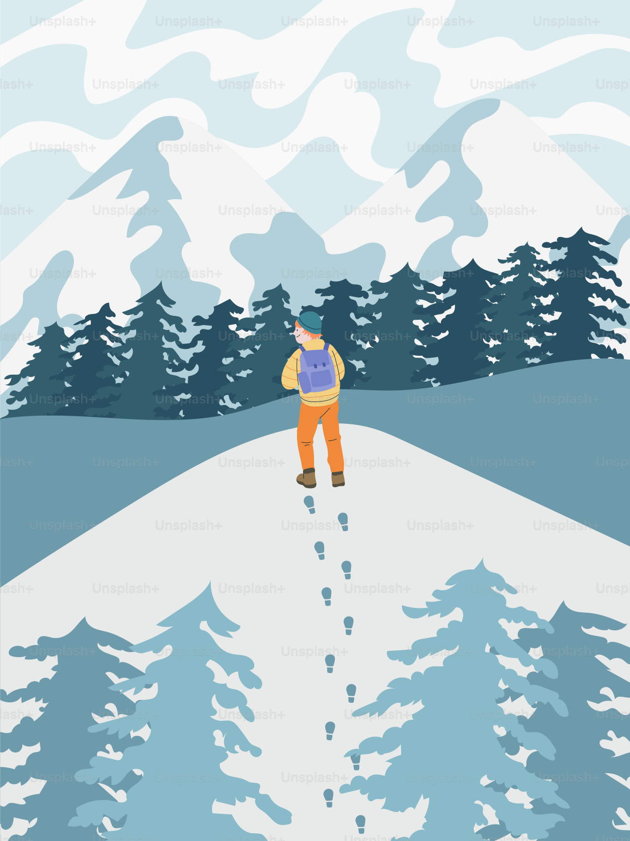Un randonneur traverse des montagnes enneigées avec des pins.