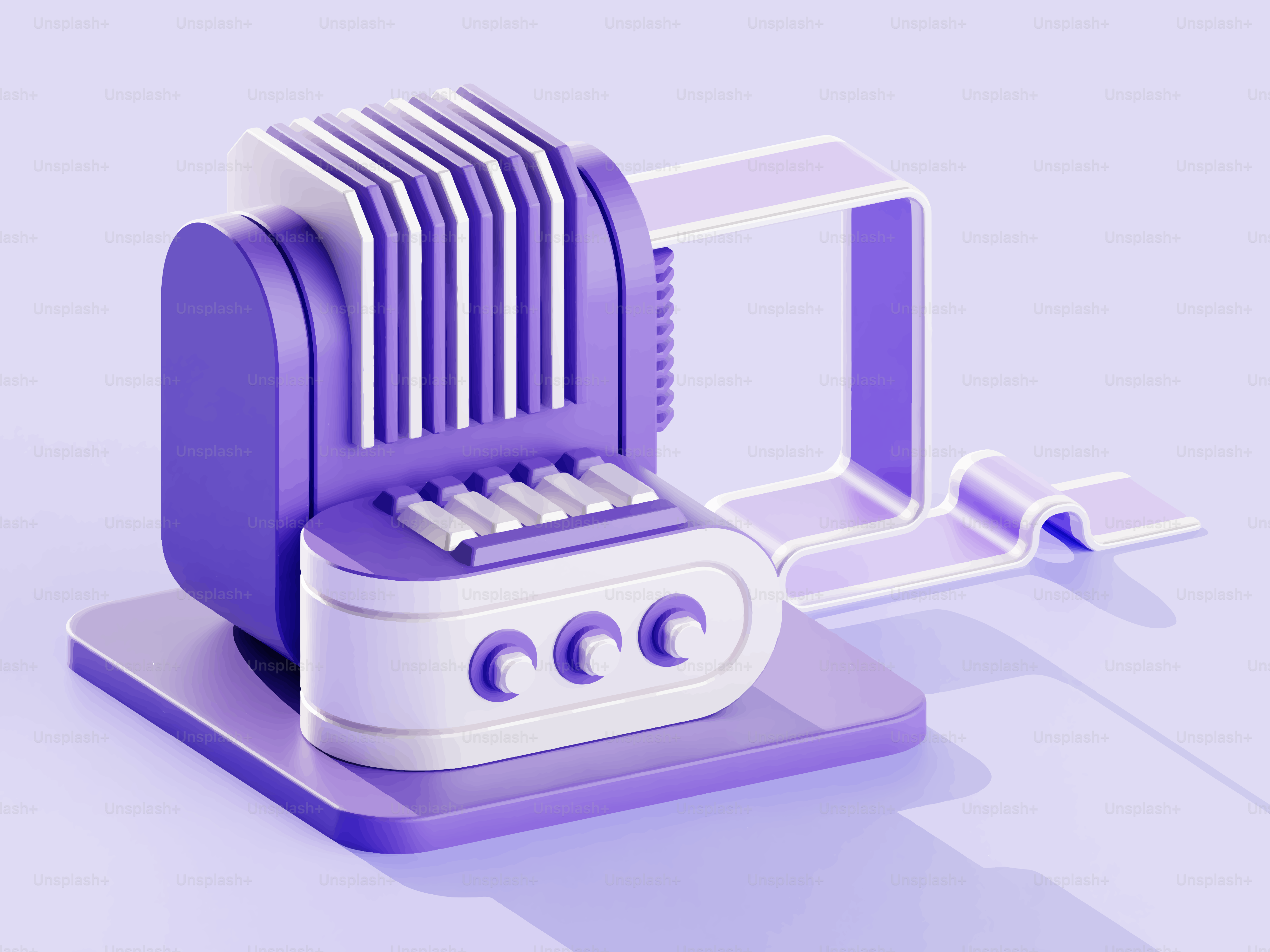 Macchina astratta viola e bianco su una superficie viola chiaro.