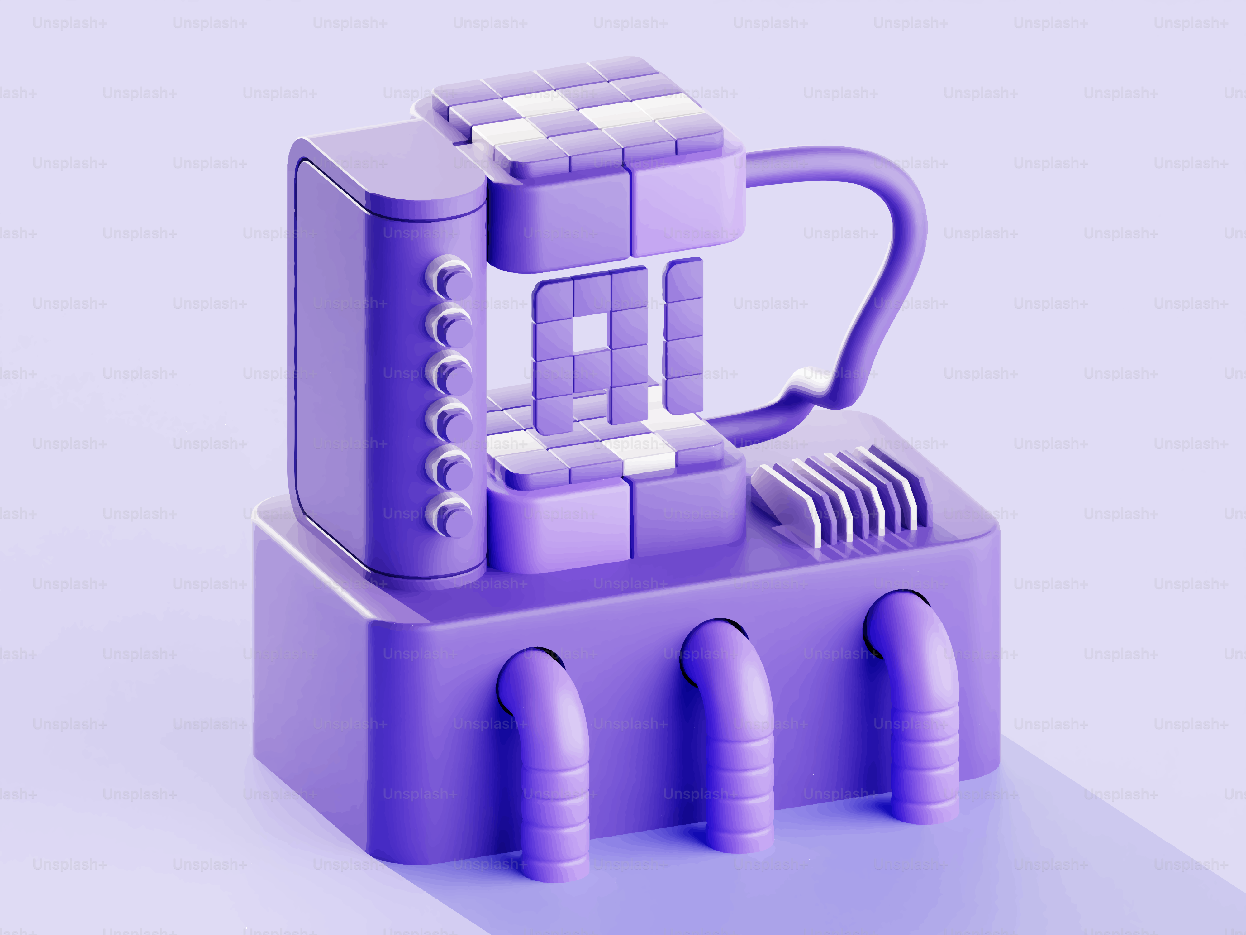 Una stampante 3D viola su uno sfondo viola chiaro.