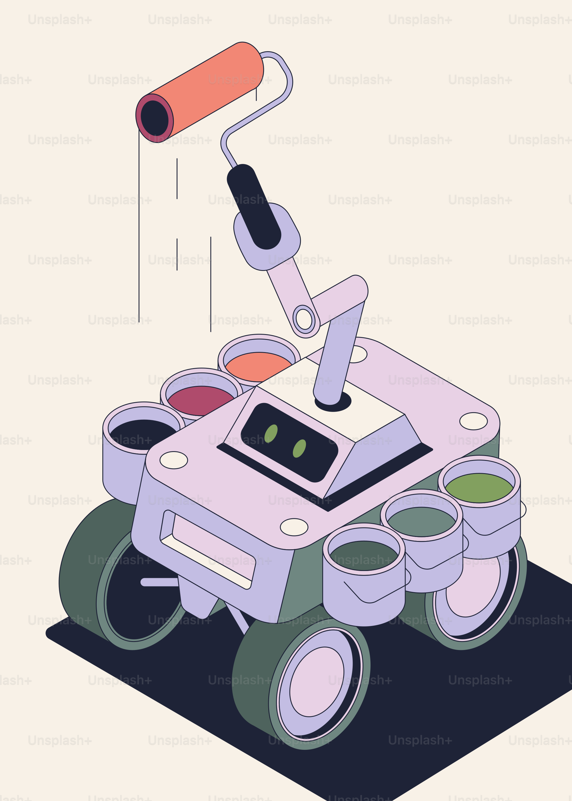 Roboterarm mit Farbrolle und Farbdosen