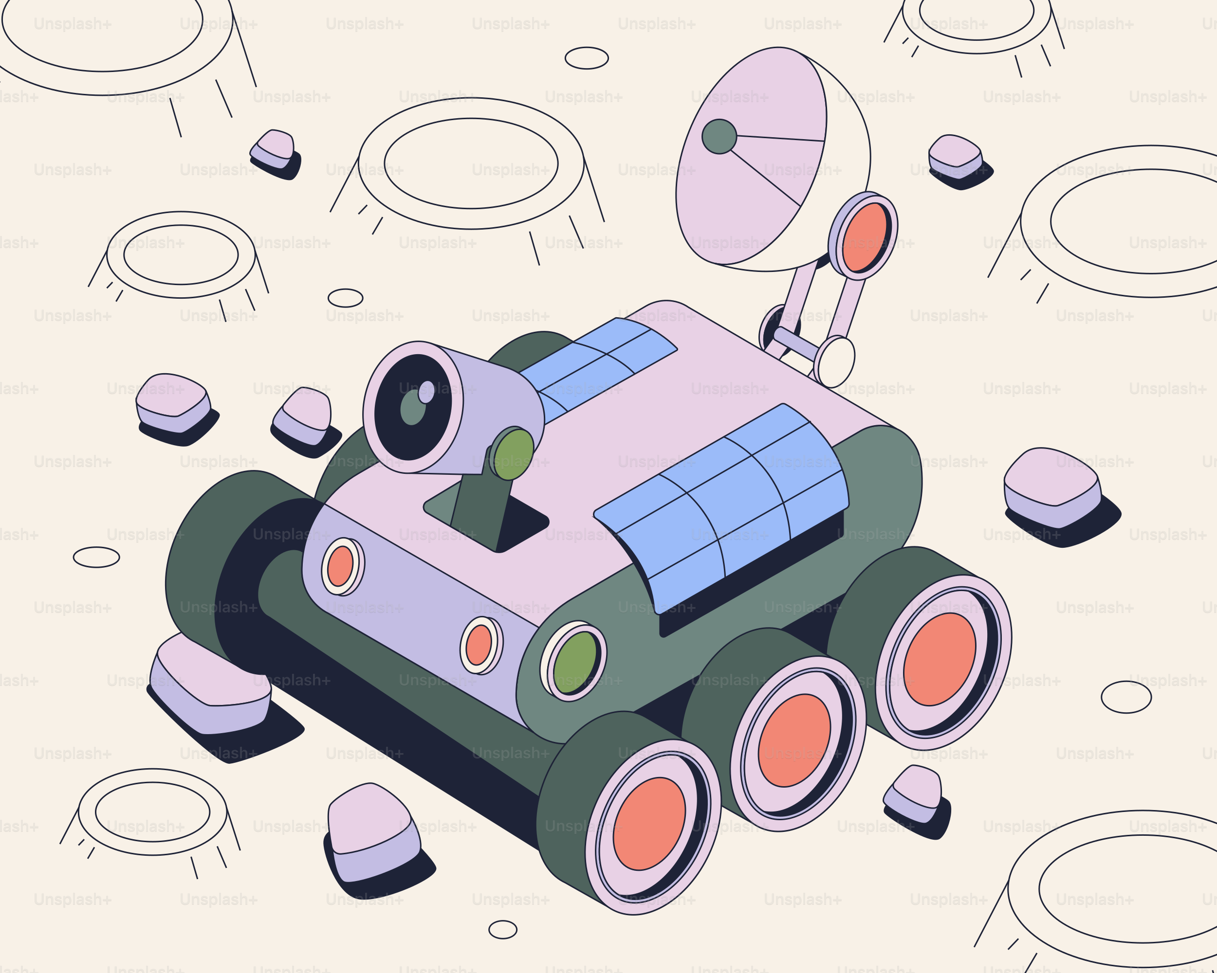 A futuristic rover explores a barren, cratered landscape.