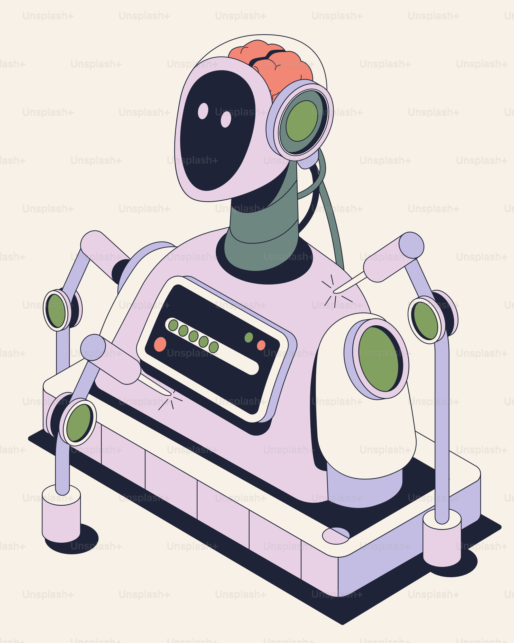Robot con cervello visibile e molteplici braccia