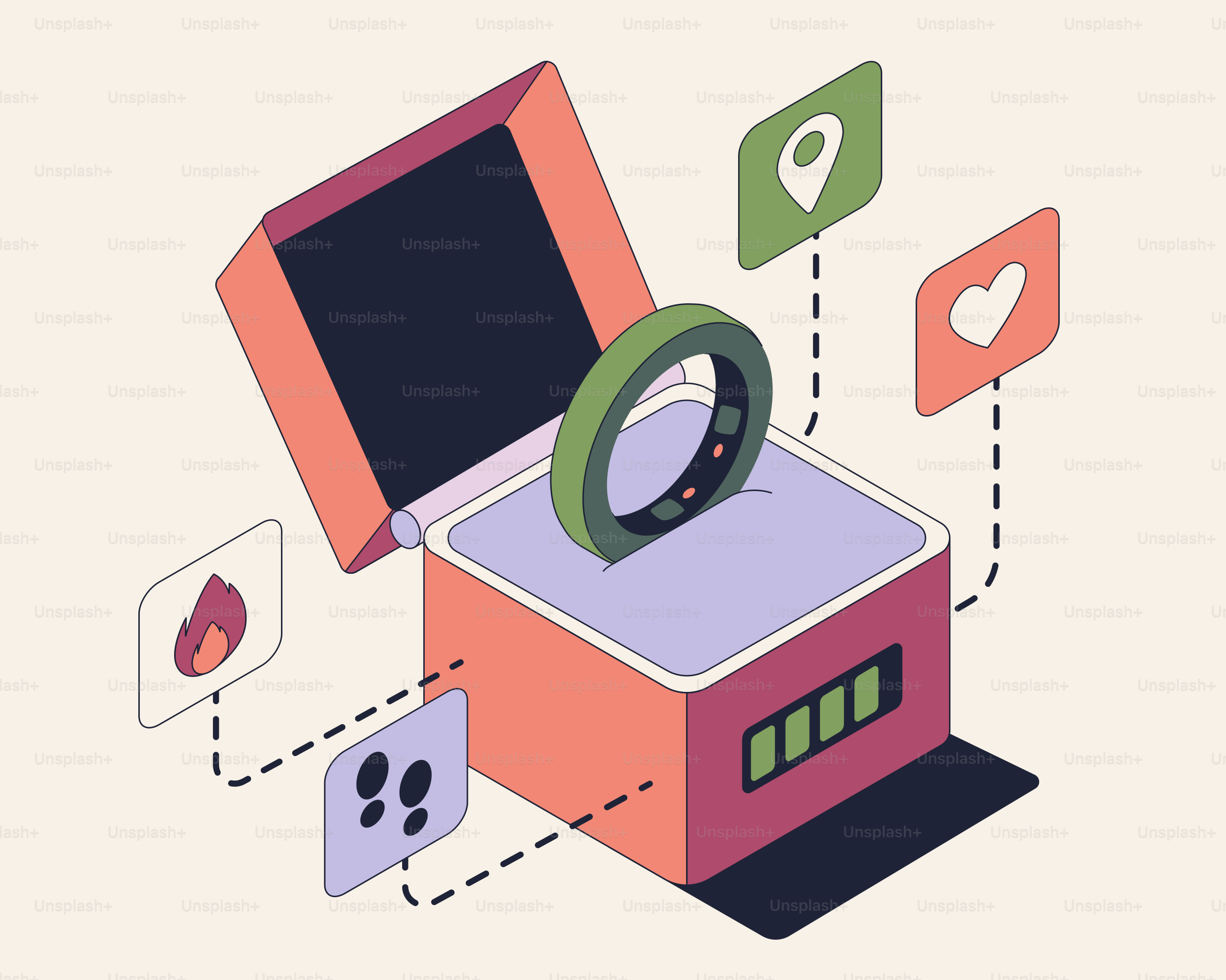 Smarter Ring in offener Box mit App-Symbolen.
