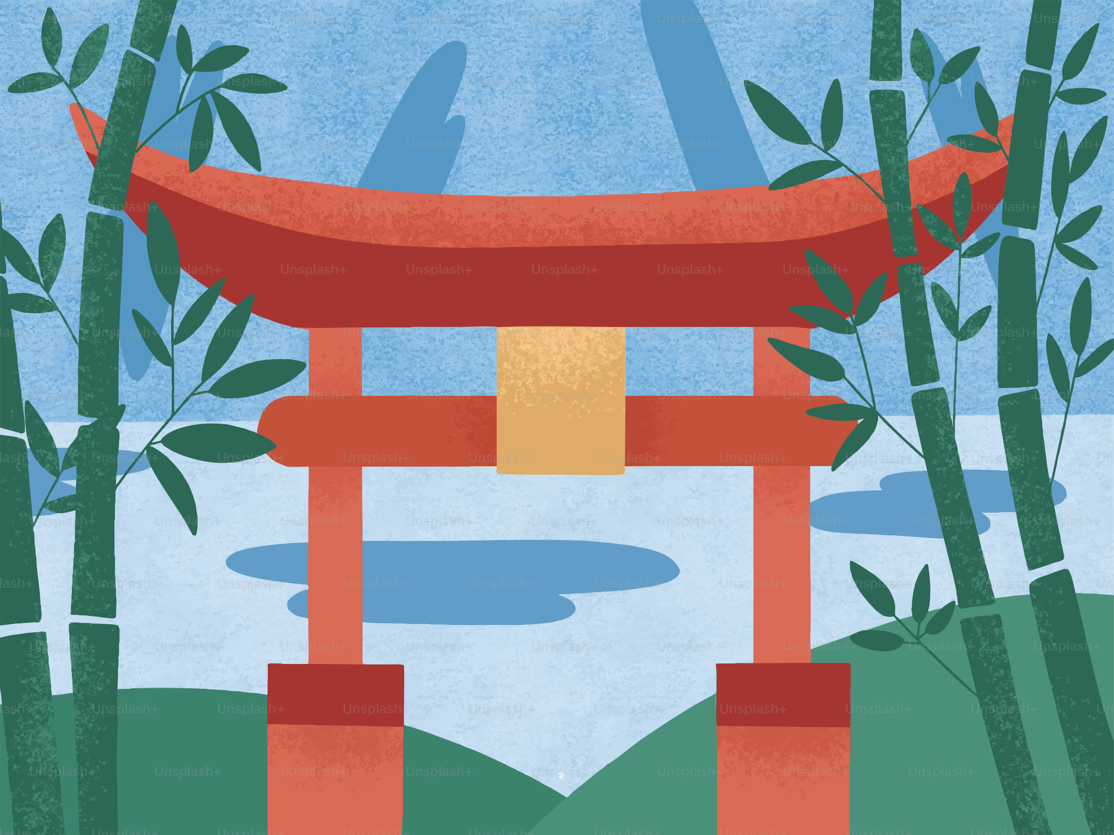 Red torii gate surrounded by bamboo and mountains.