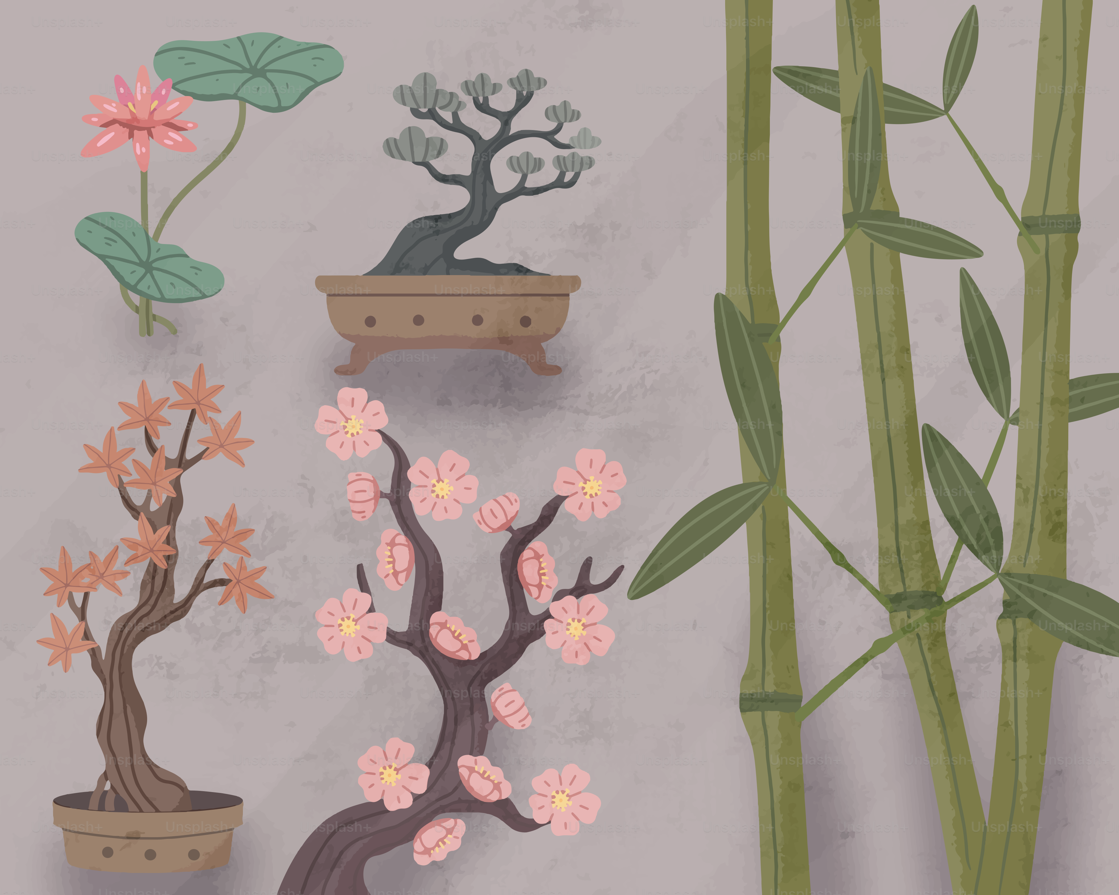 Bonsáis y tallos de bambú sobre fondo texturizado