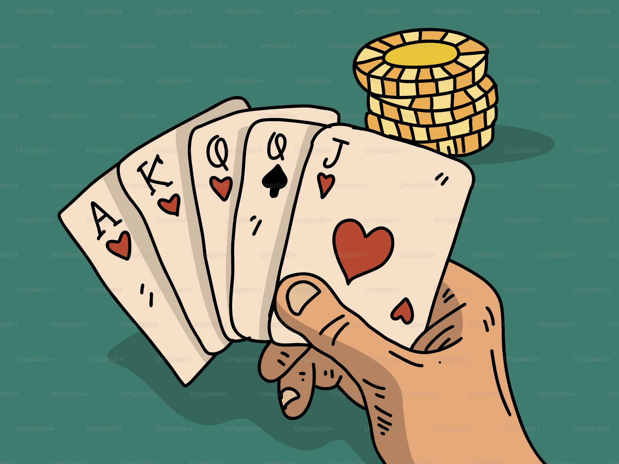 Hand hält Pokerkarten mit Chips auf dem Tisch